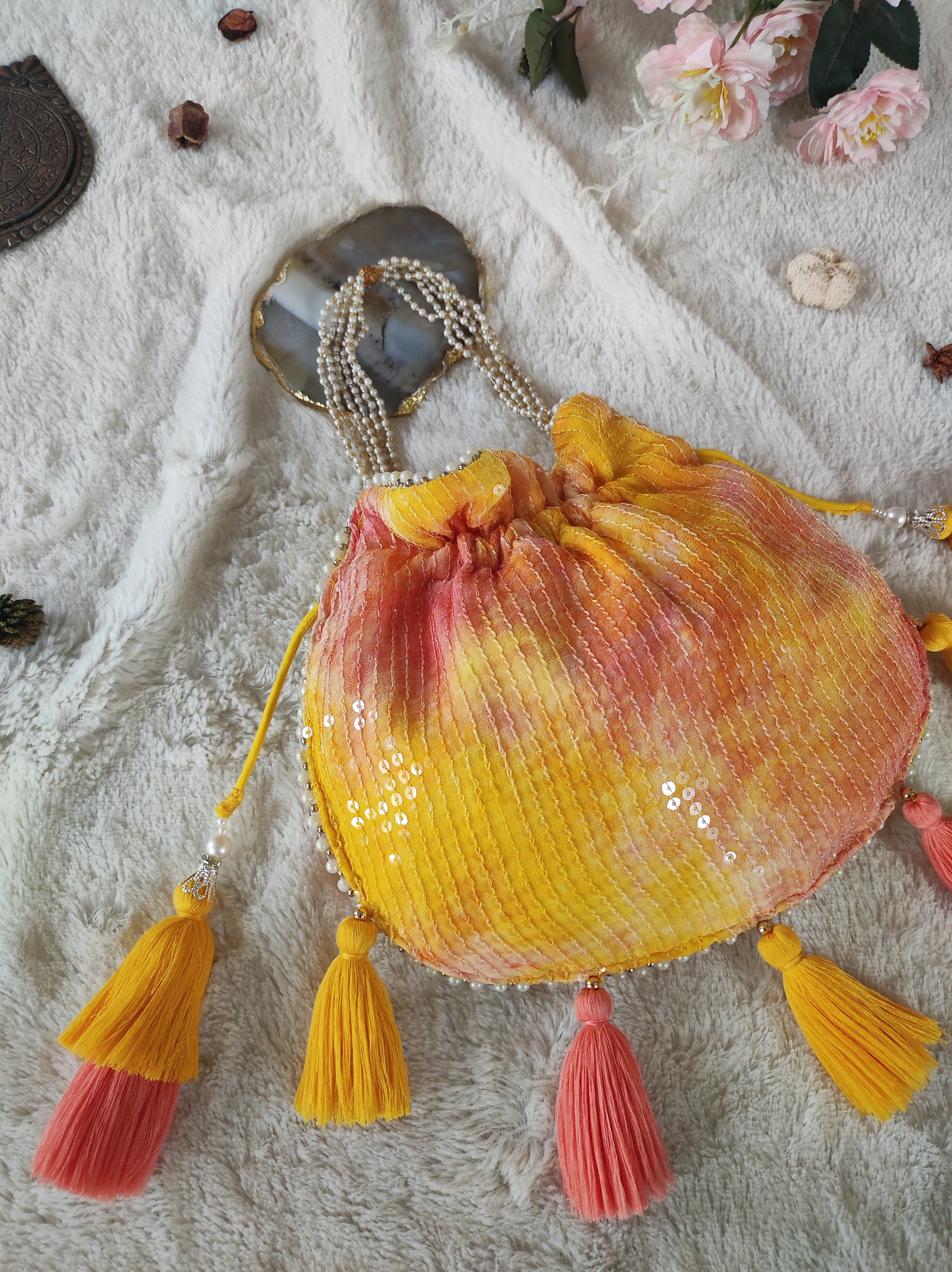 Yellow Pink Shibori Sequins Potli Bag
