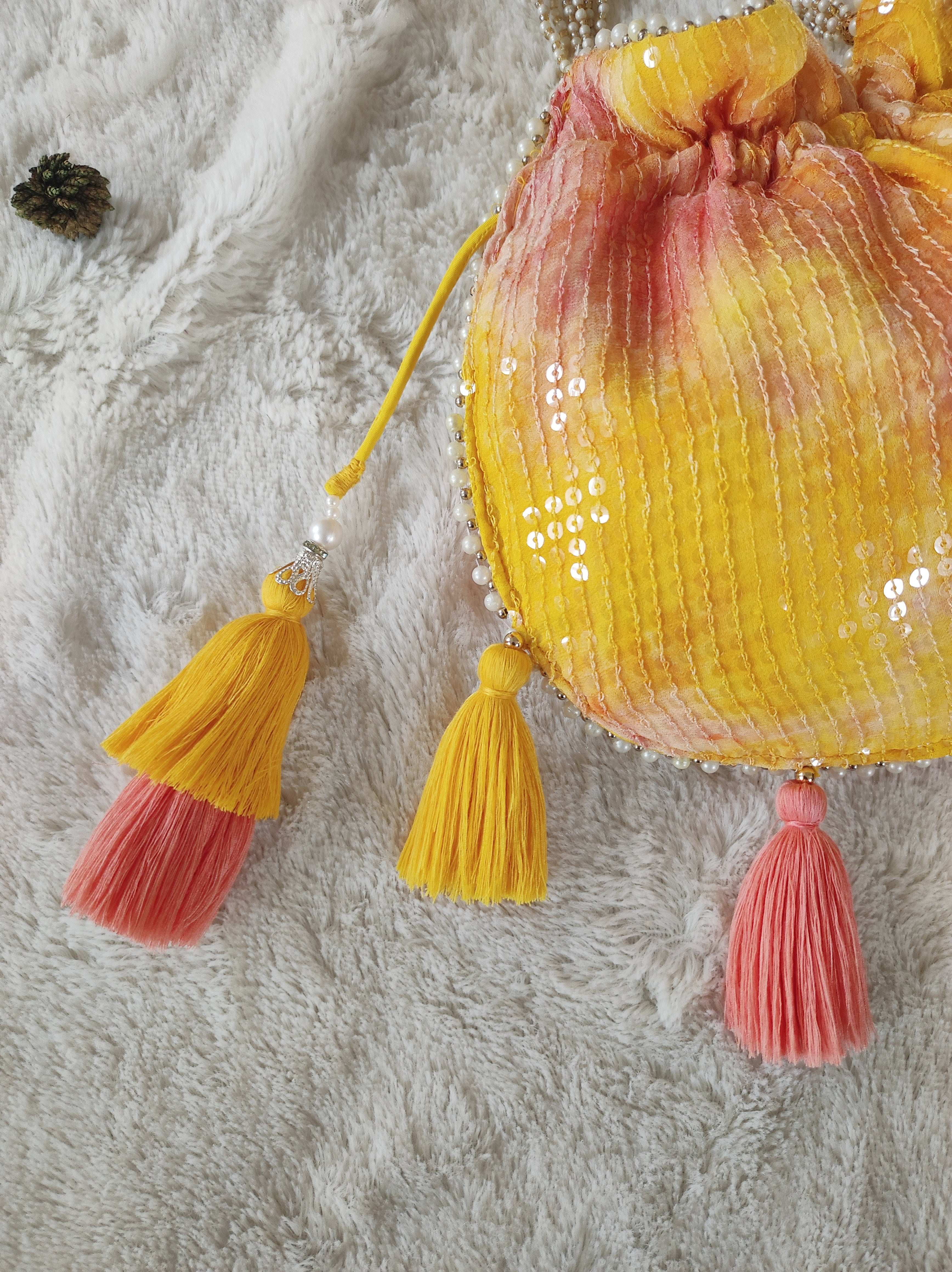 Yellow Pink Shibori Sequins Potli Bag