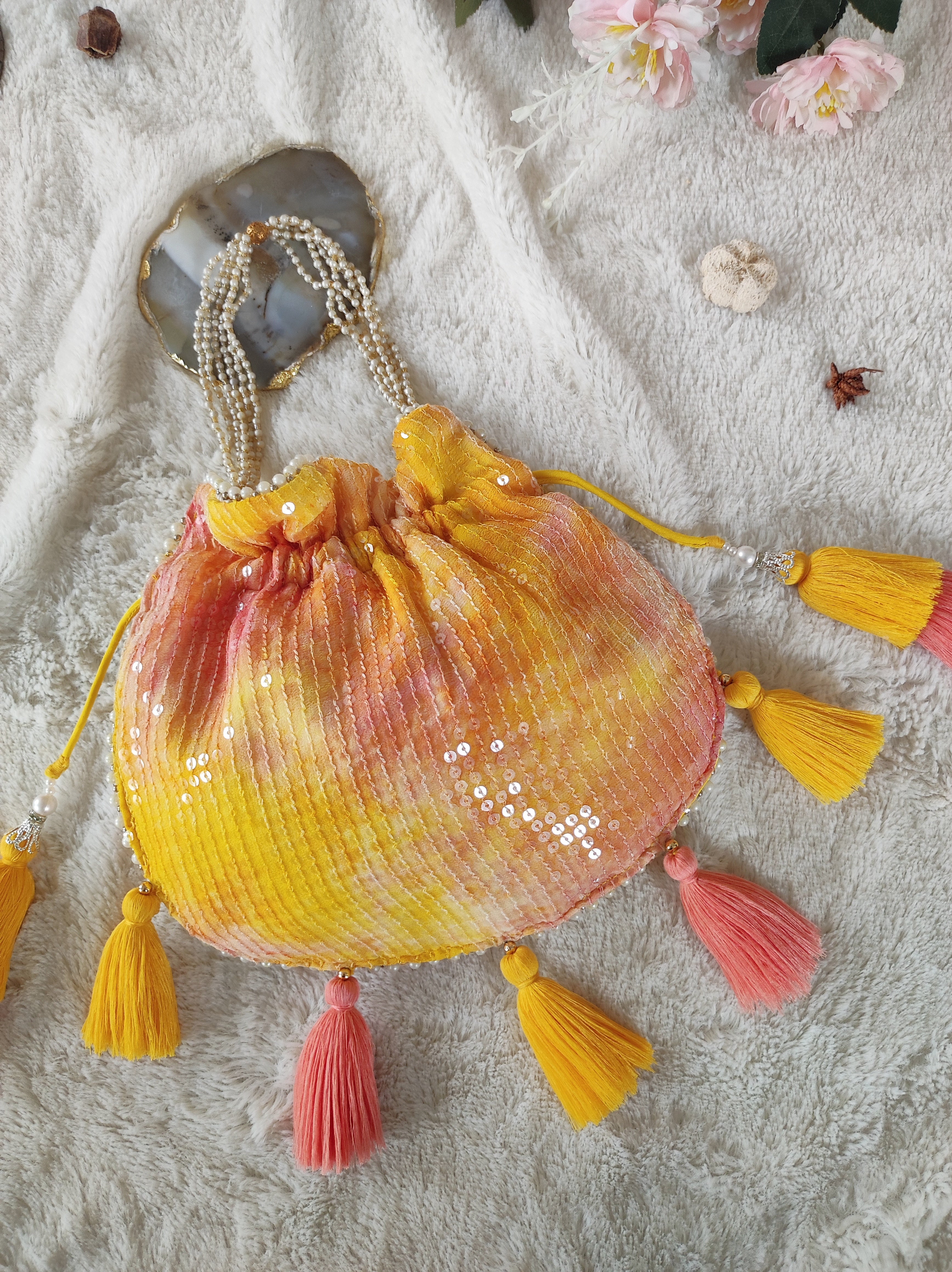 Yellow Pink Shibori Sequins Potli Bag
