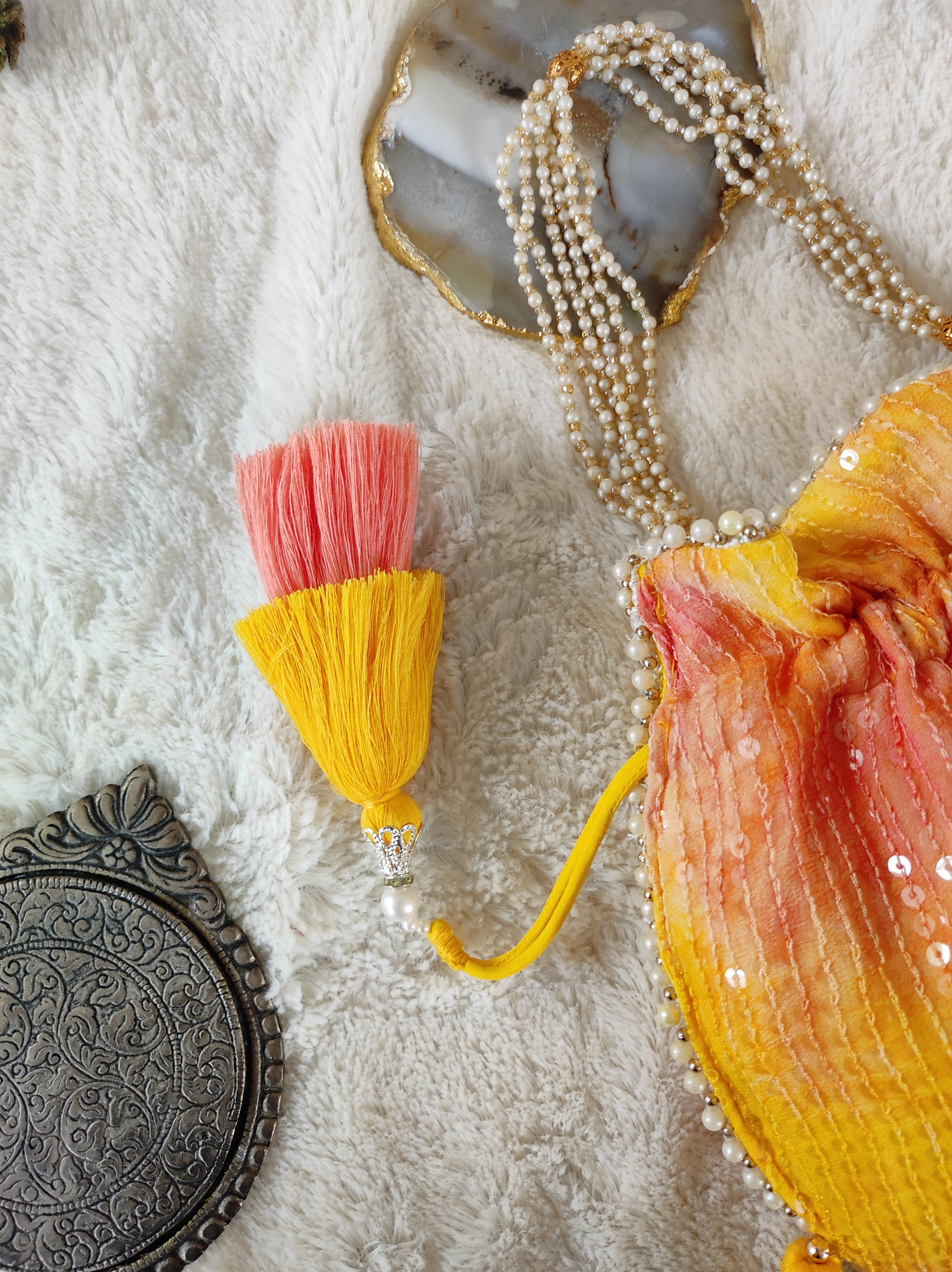 Yellow Pink Shibori Sequins Potli Bag