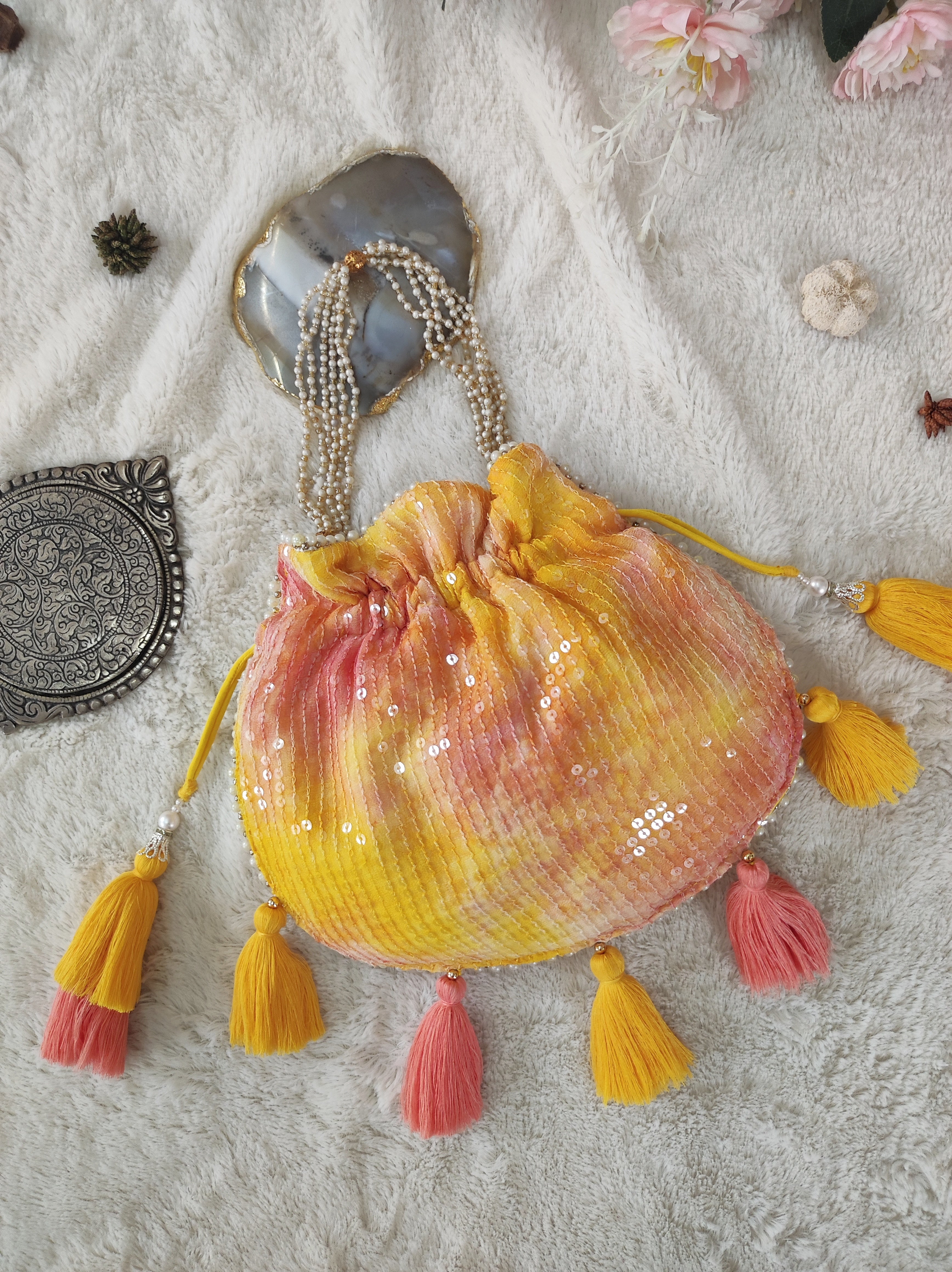 Yellow Pink Shibori Sequins Potli Bag