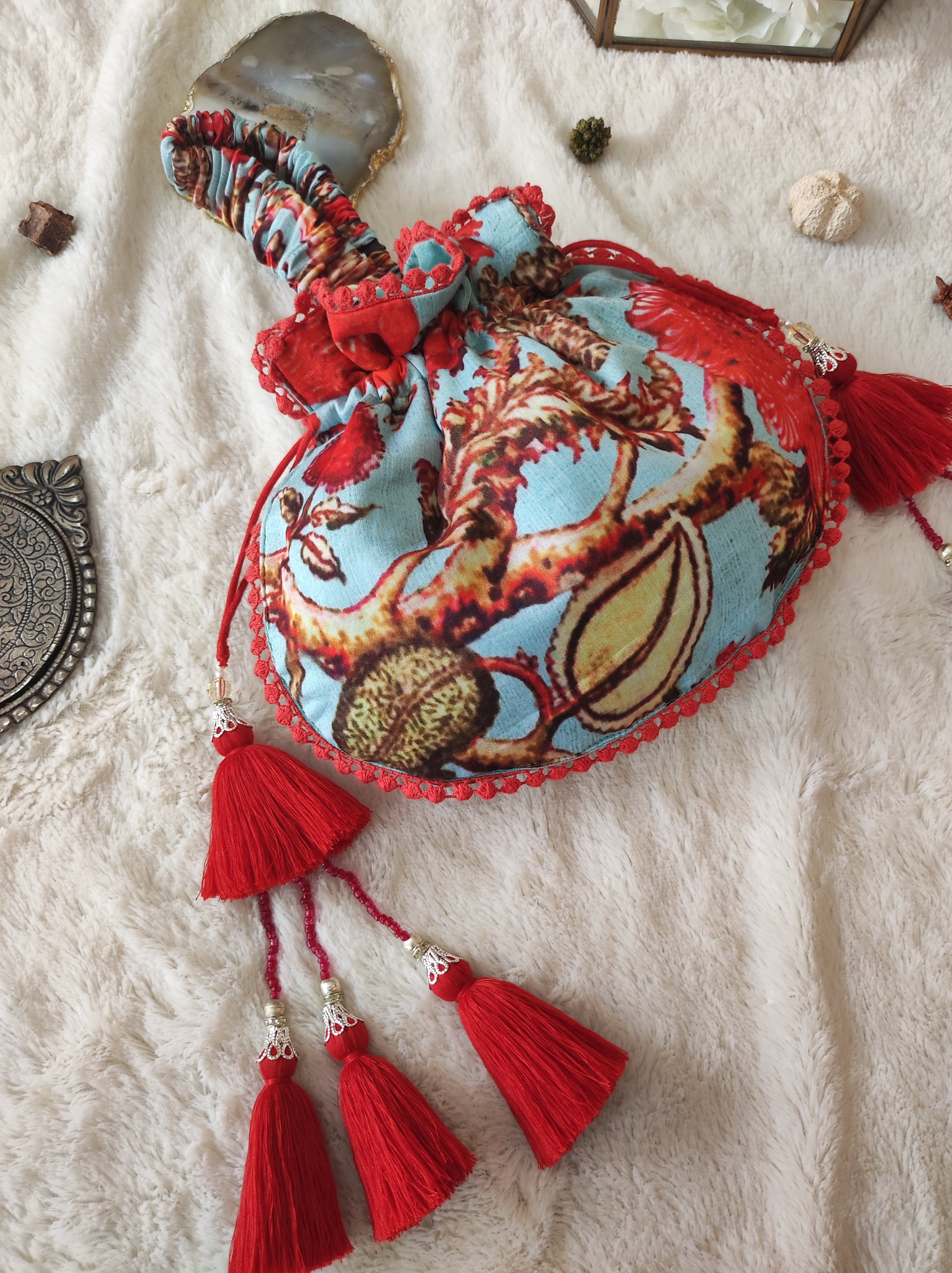 Turquoise Printed Potli Bag