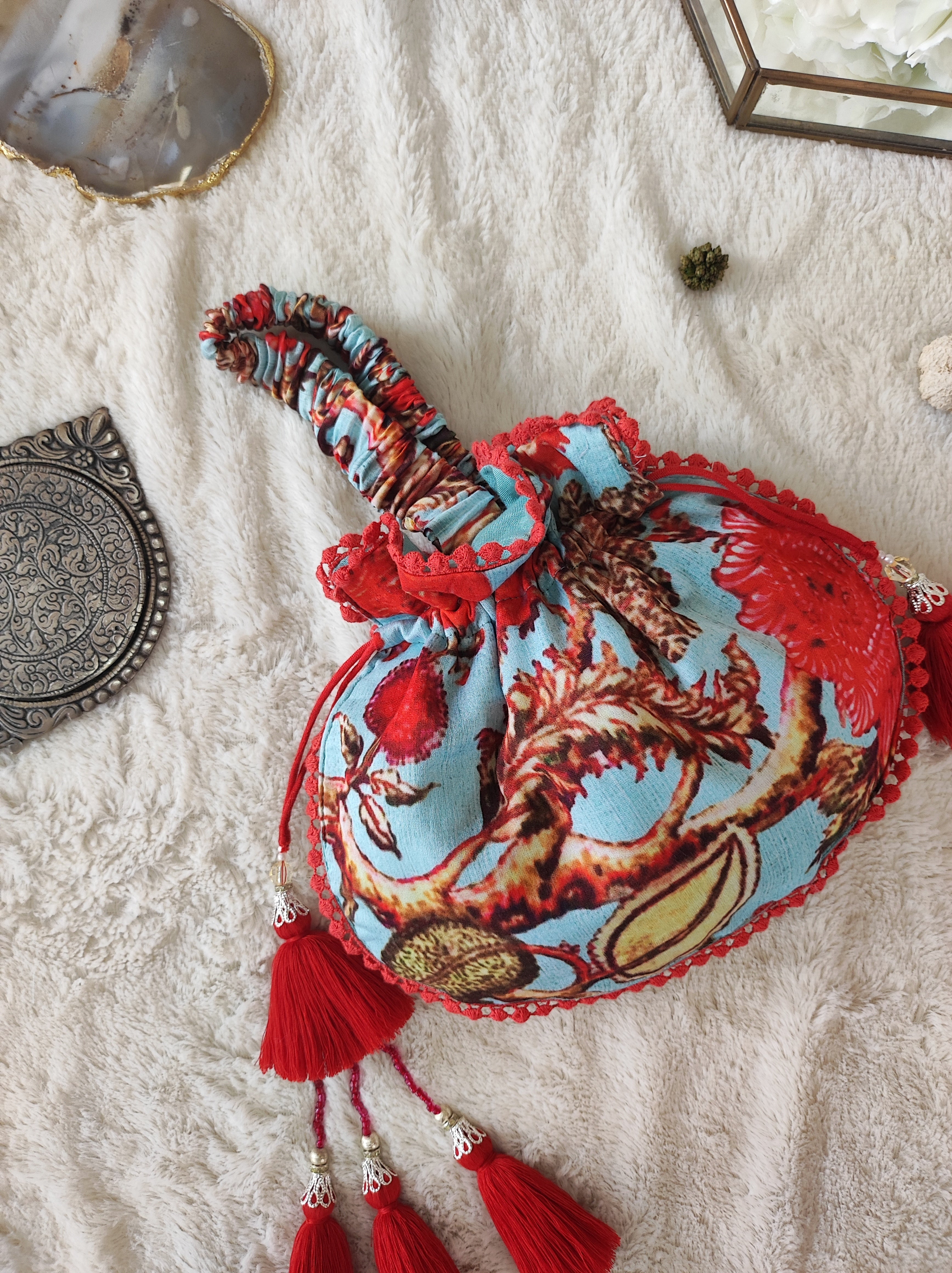 Turquoise Printed Potli Bag