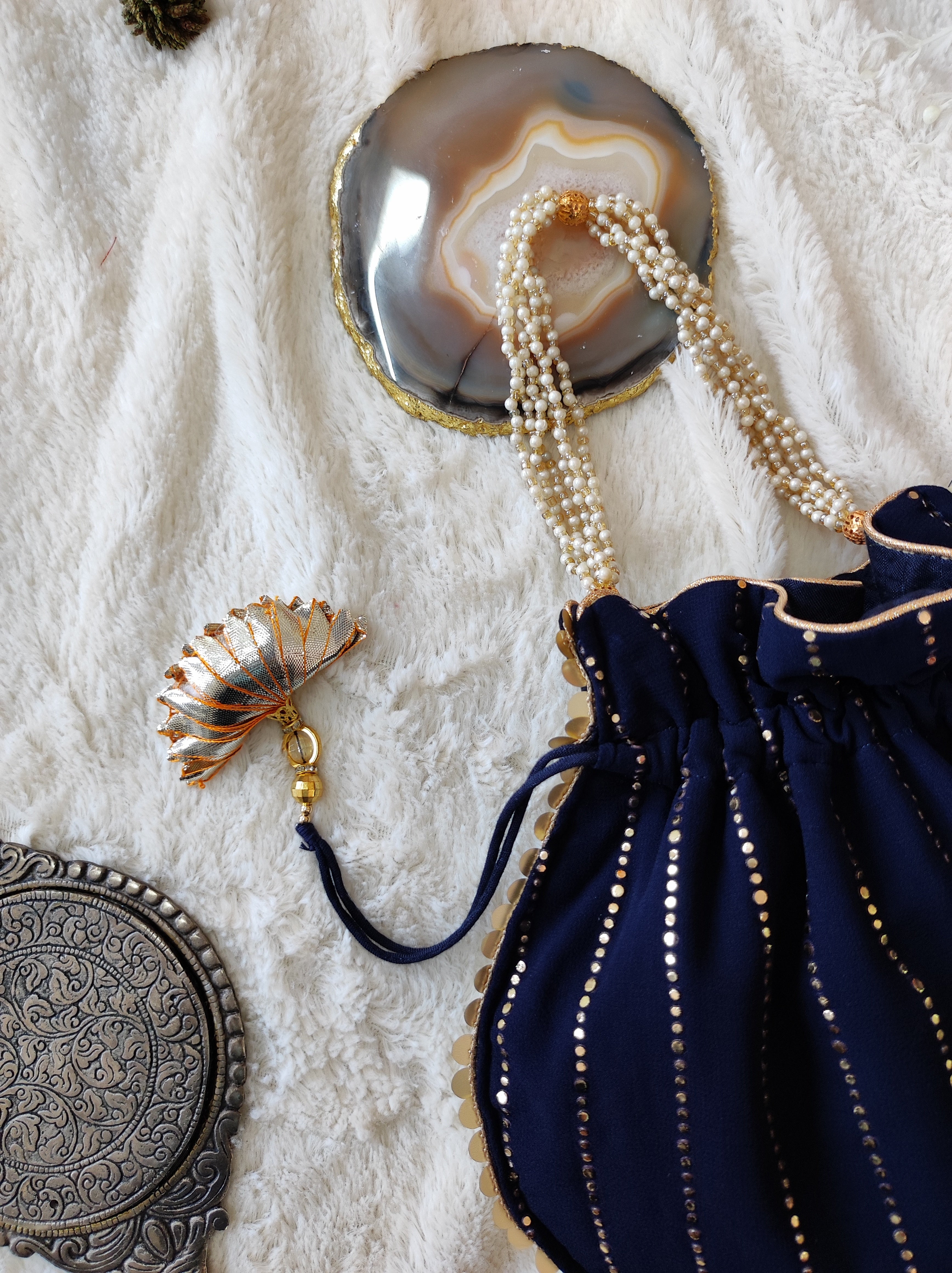 Prussian Blue Mukaish Round Potli Bag