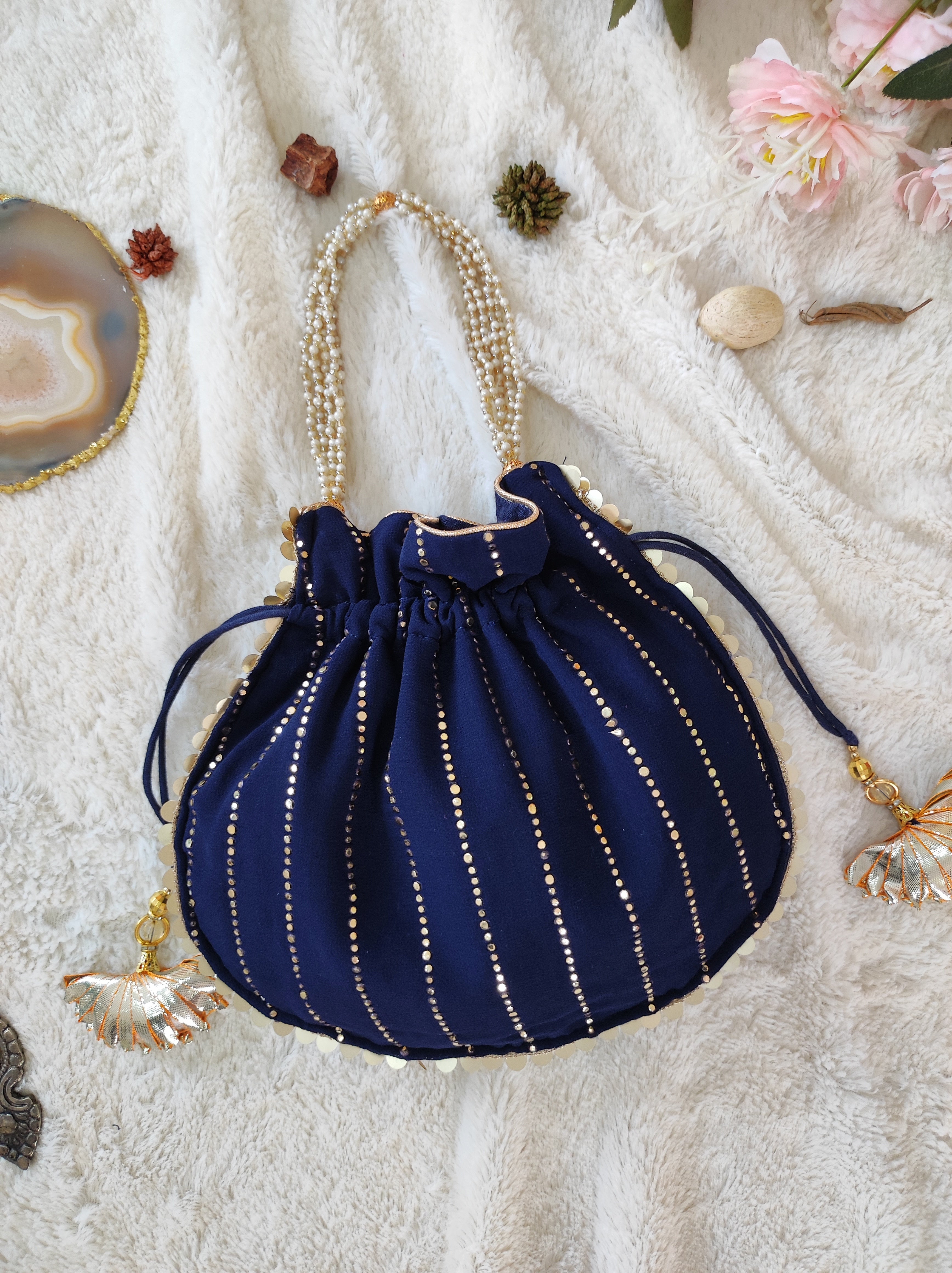 Prussian Blue Mukaish Round Potli Bag