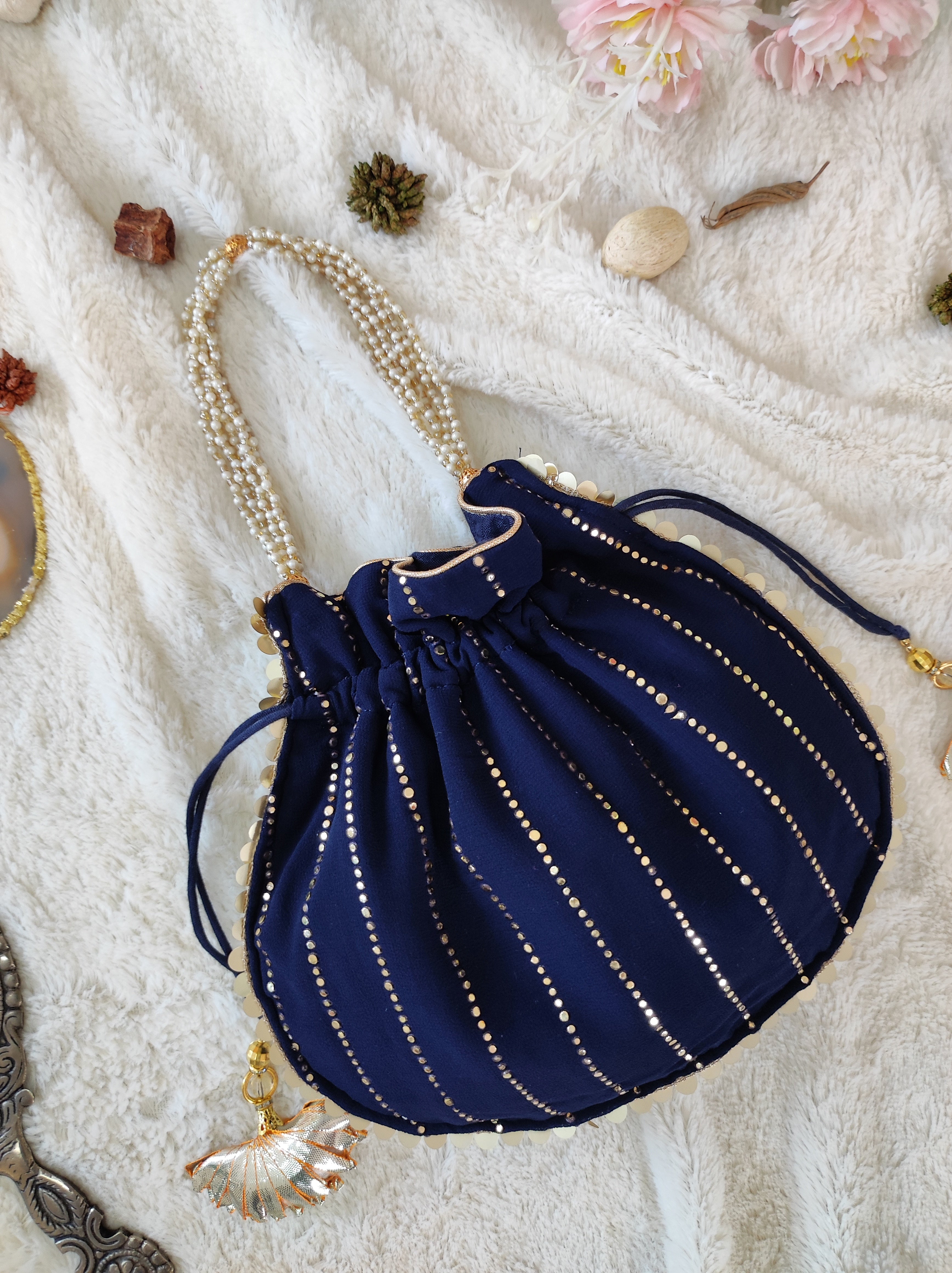 Prussian Blue Mukaish Round Potli Bag