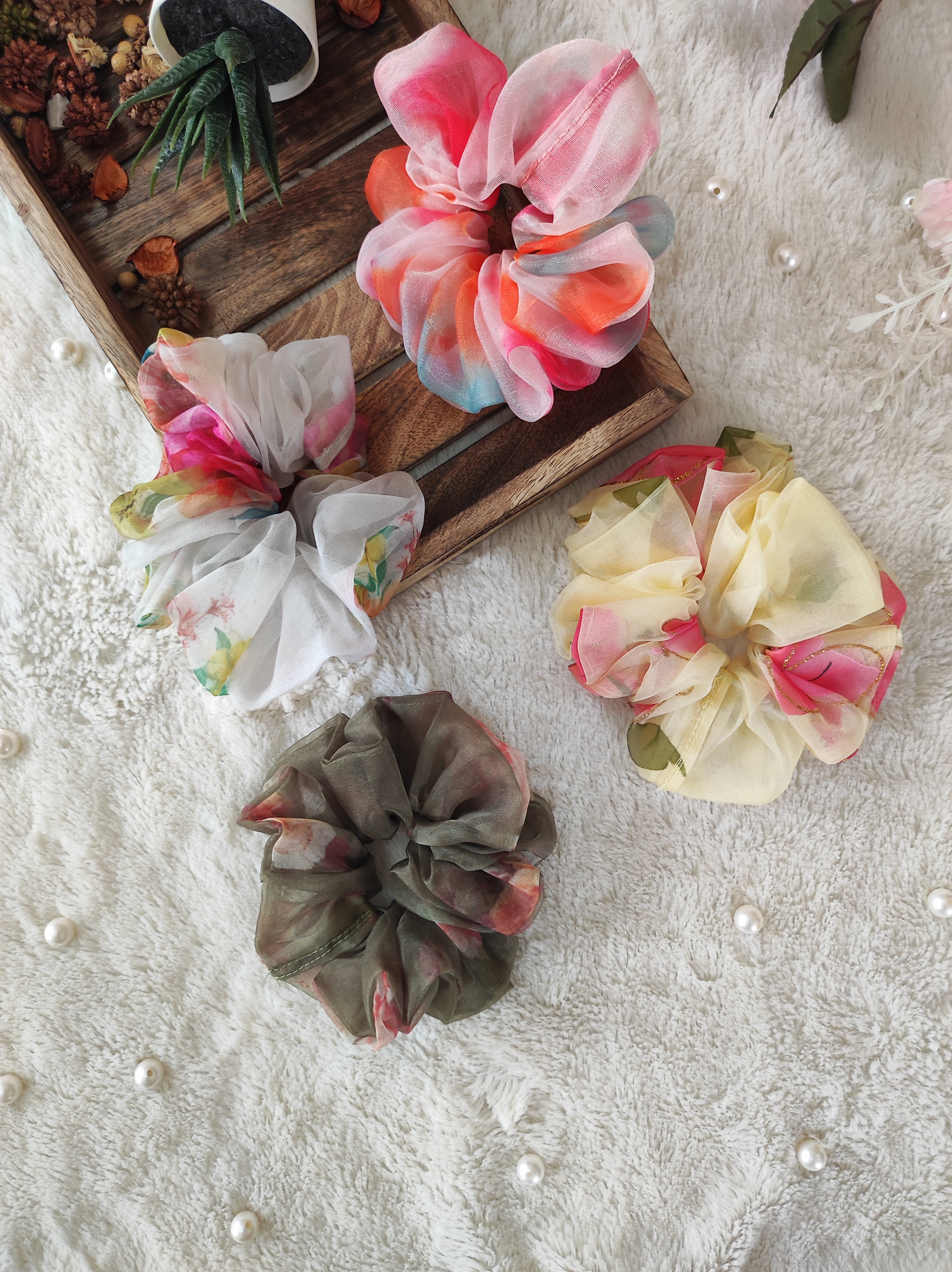 Giant Organza Scrunchie Combo (Off-White,Yellow Handprint ,Olive Green, Color Splash)