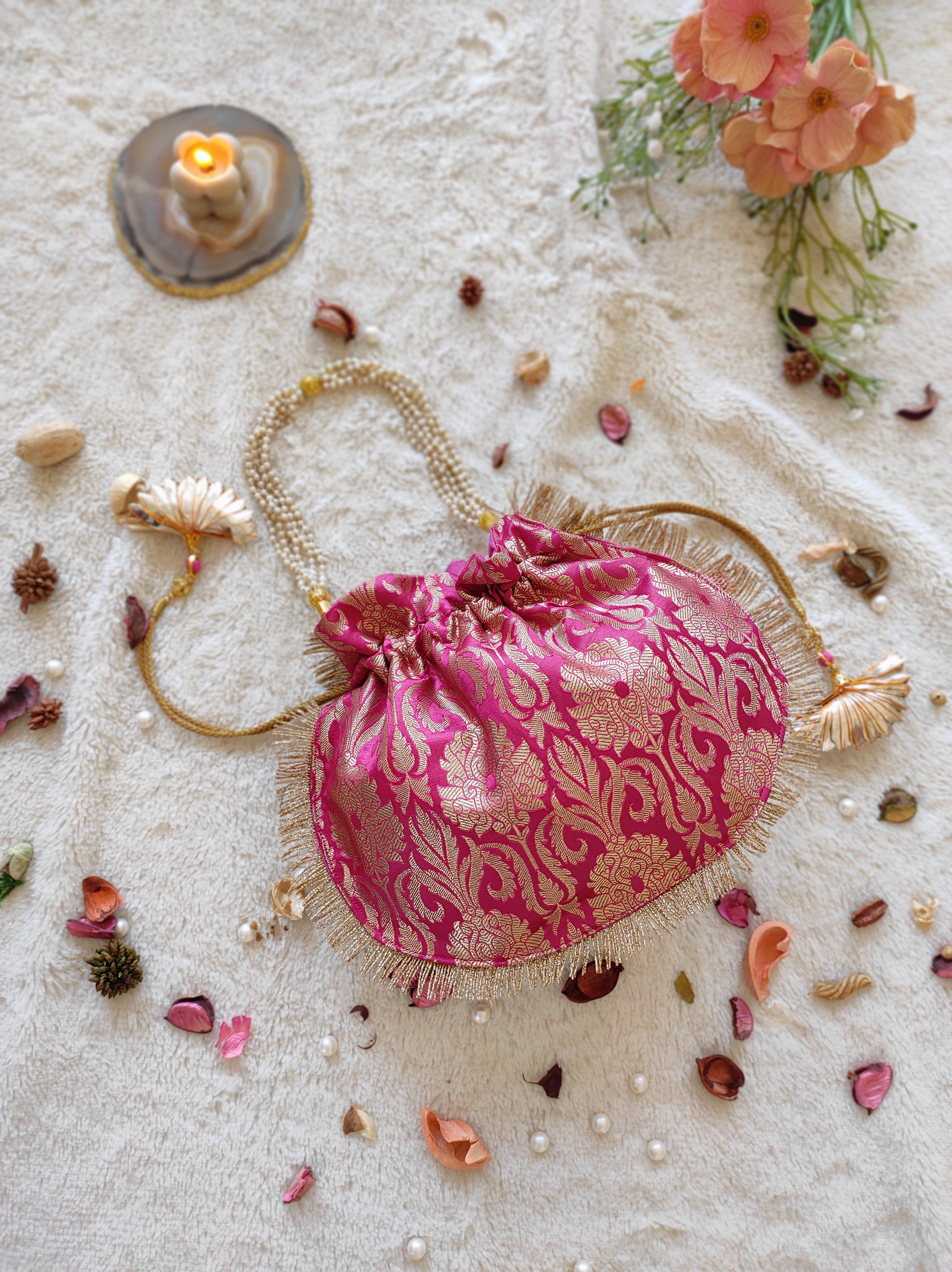 Fuchsia Brocade Round Potli Bag
