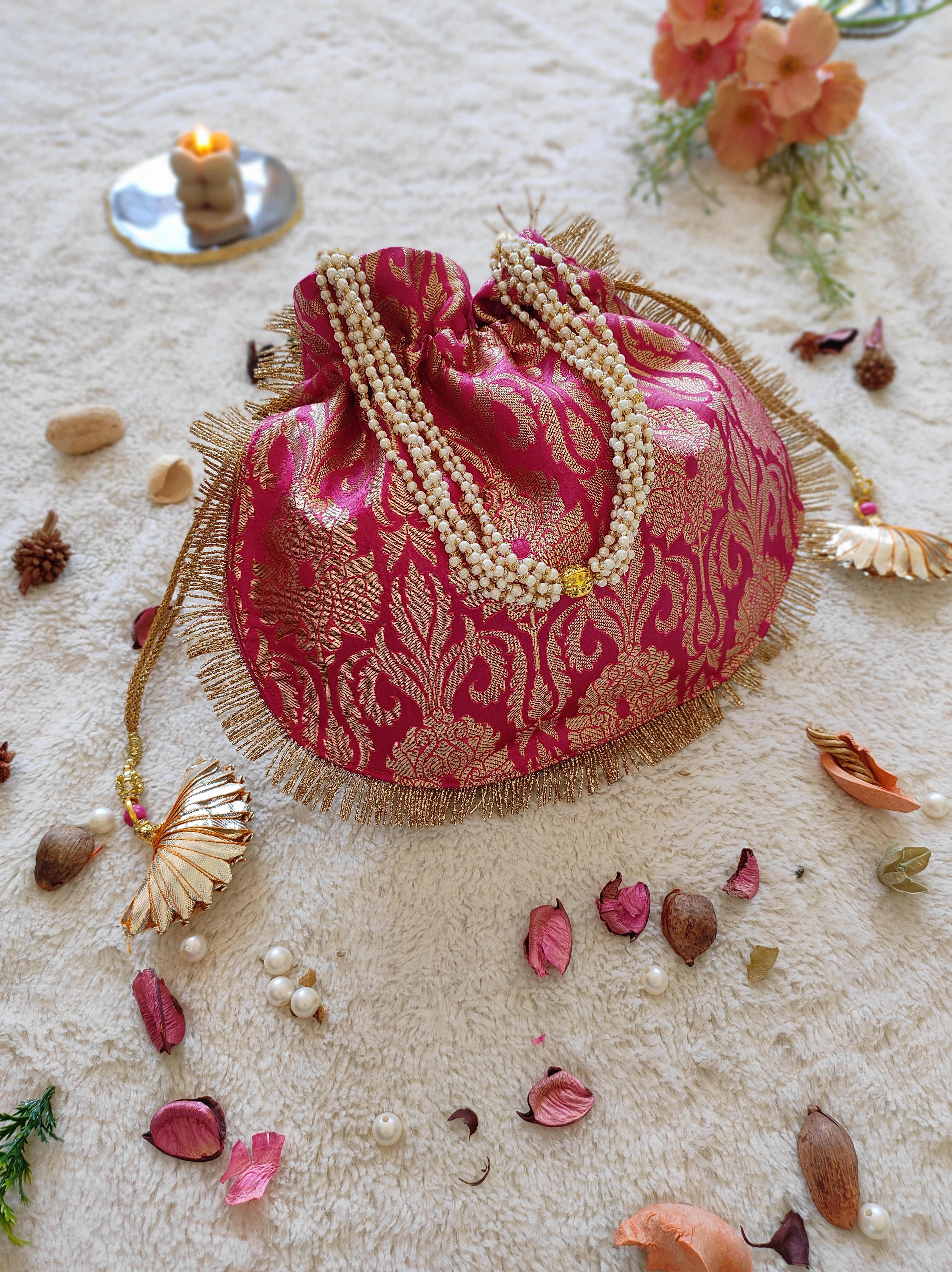 Fuchsia Brocade Round Potli Bag