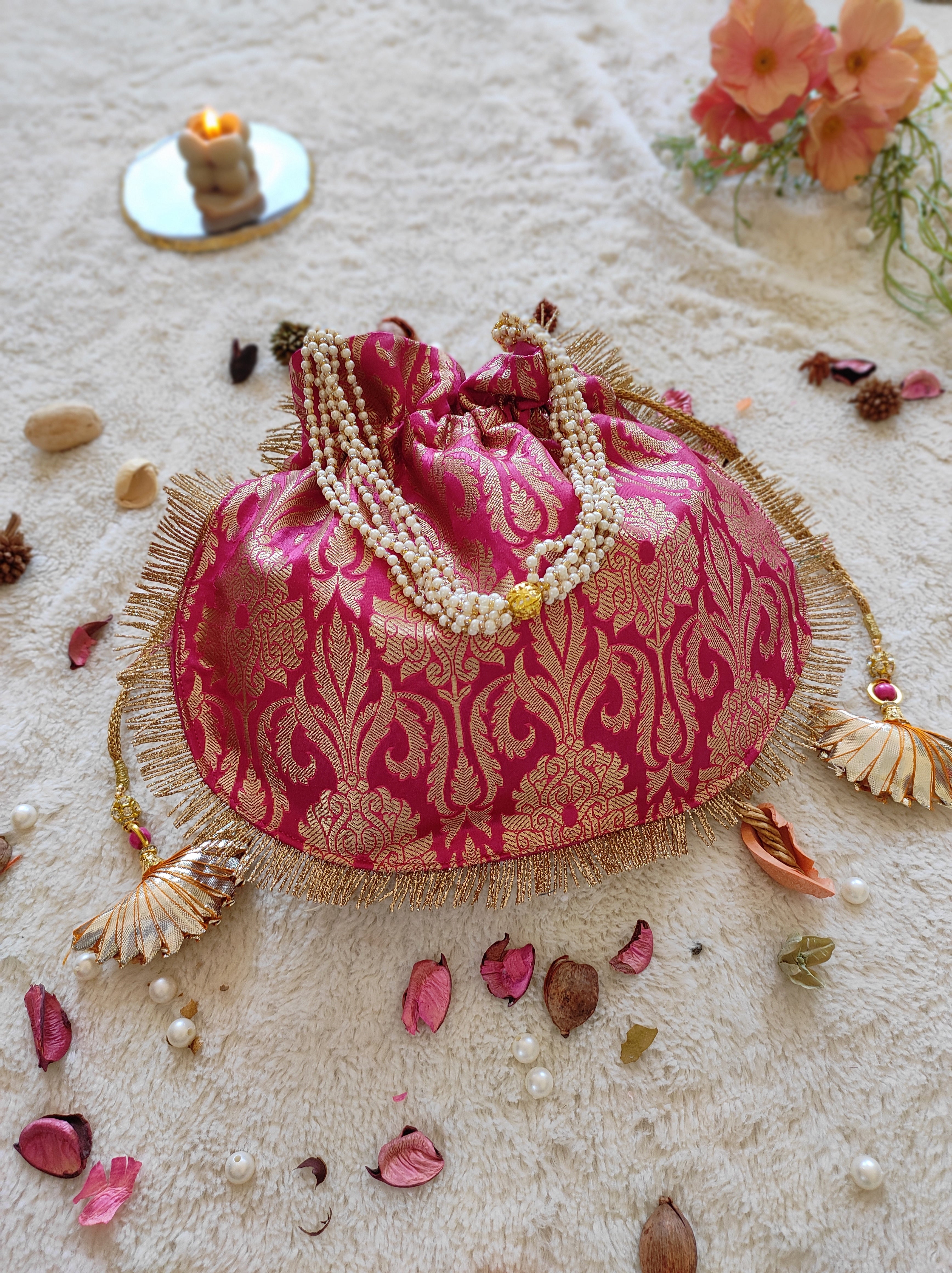 Fuchsia Brocade Round Potli Bag