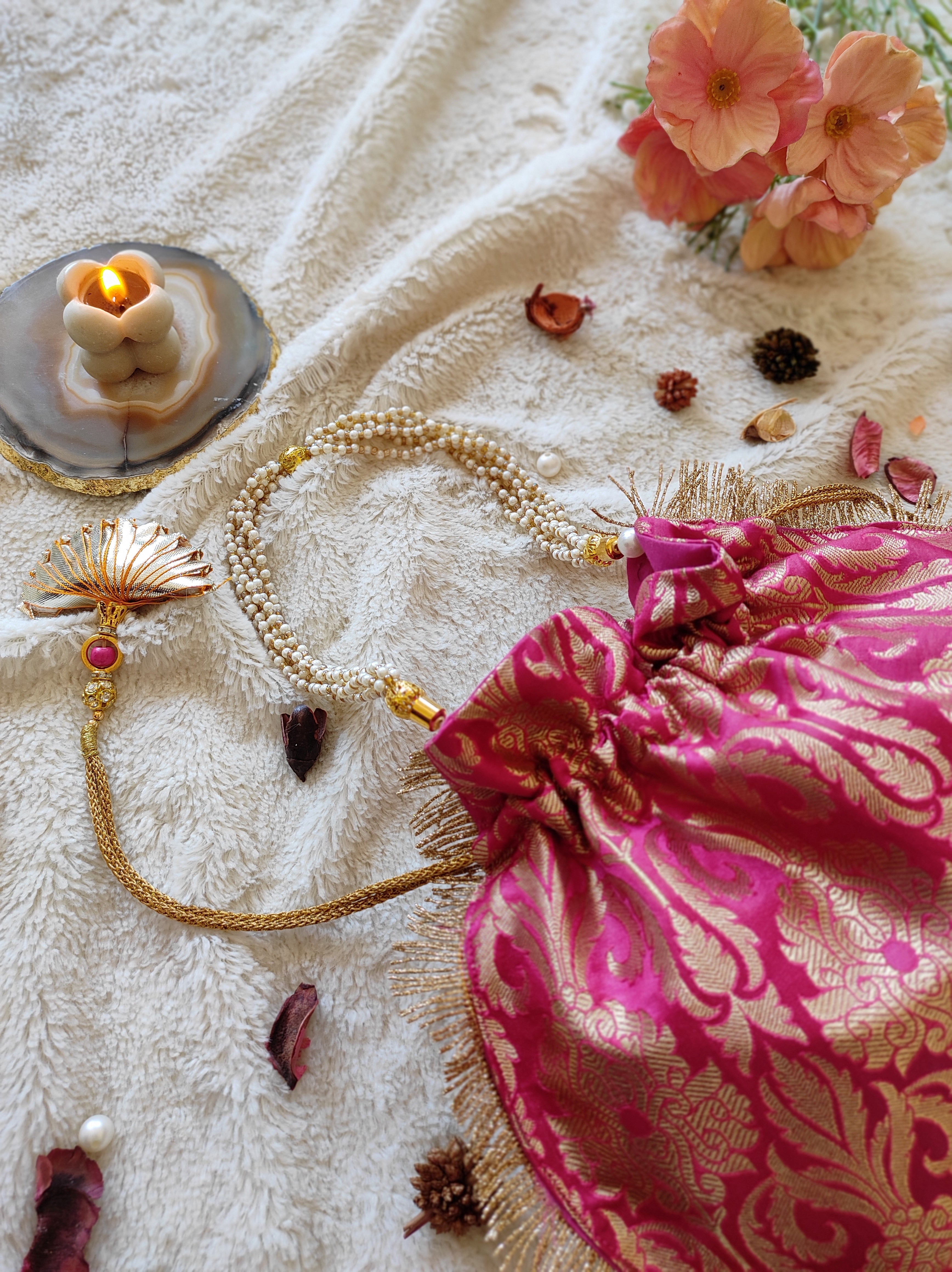 Fuchsia Brocade Round Potli Bag