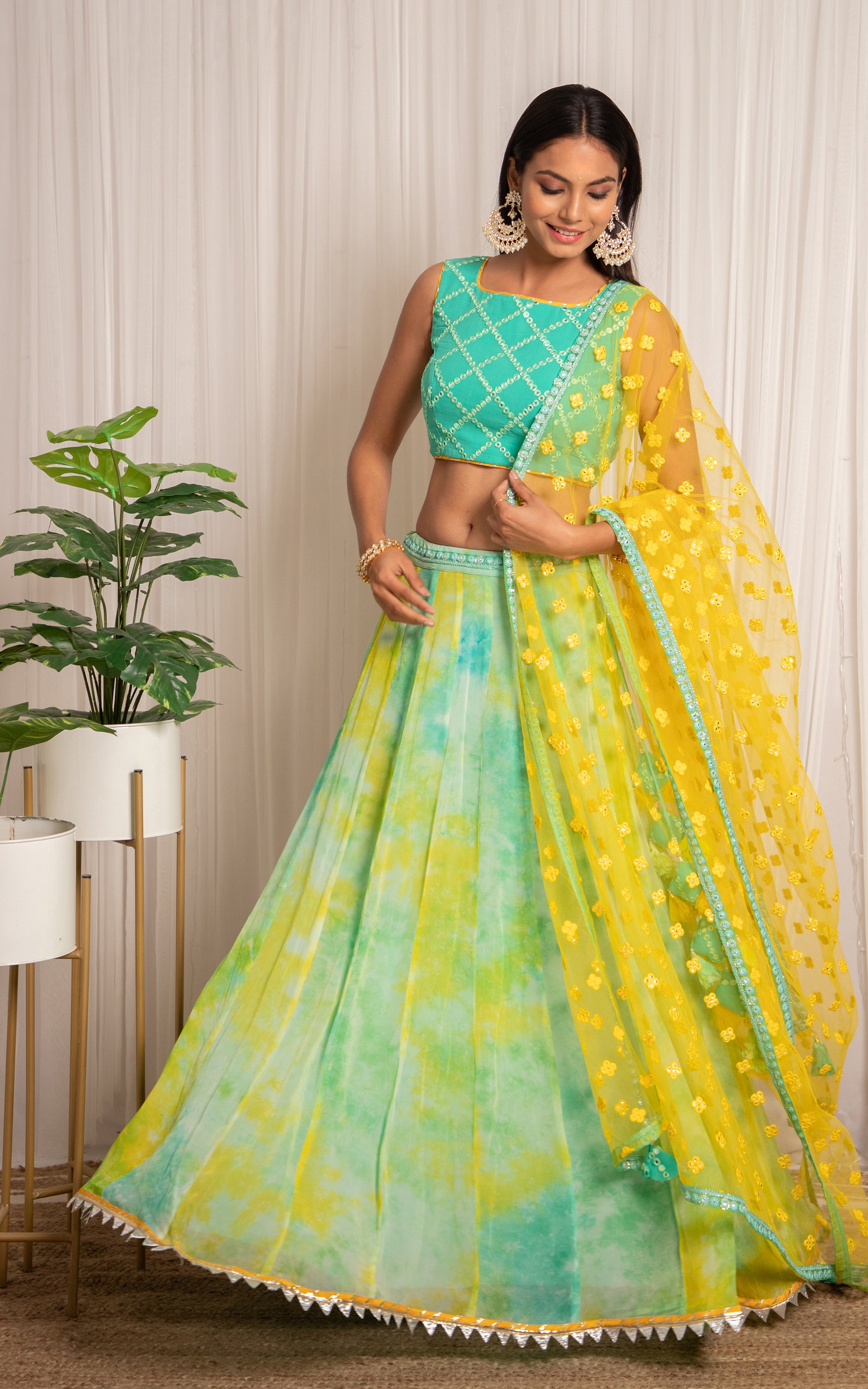 Mint Blue Shibori Georgette Lehenga with Mirrorwork Dupatta