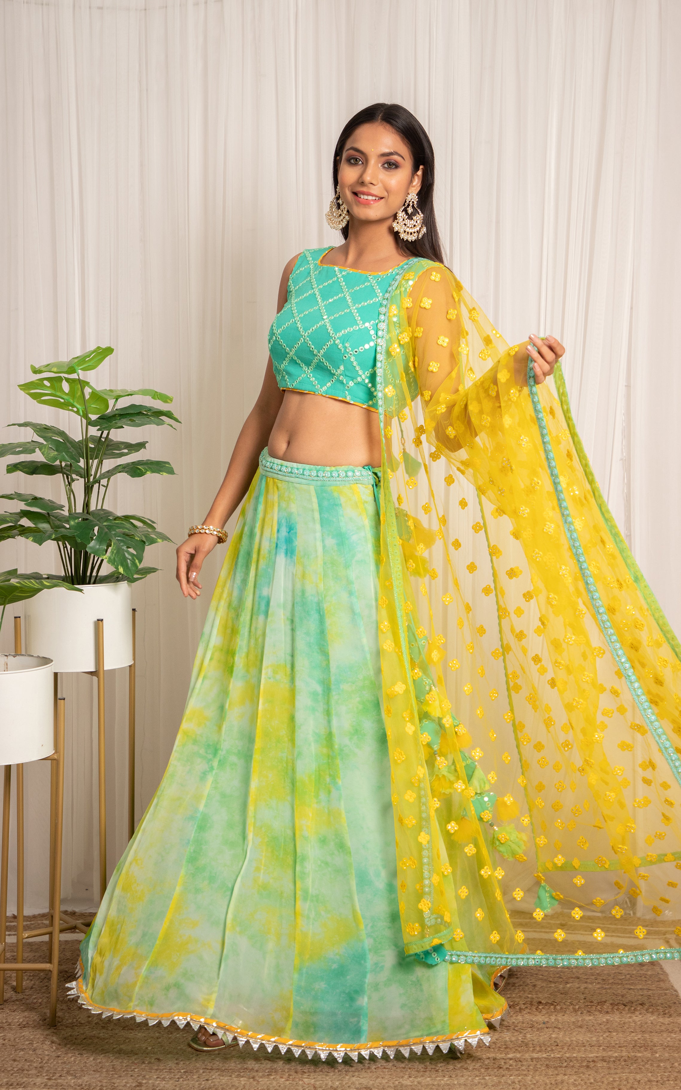 Mint Blue Shibori Georgette Lehenga with Mirrorwork Dupatta