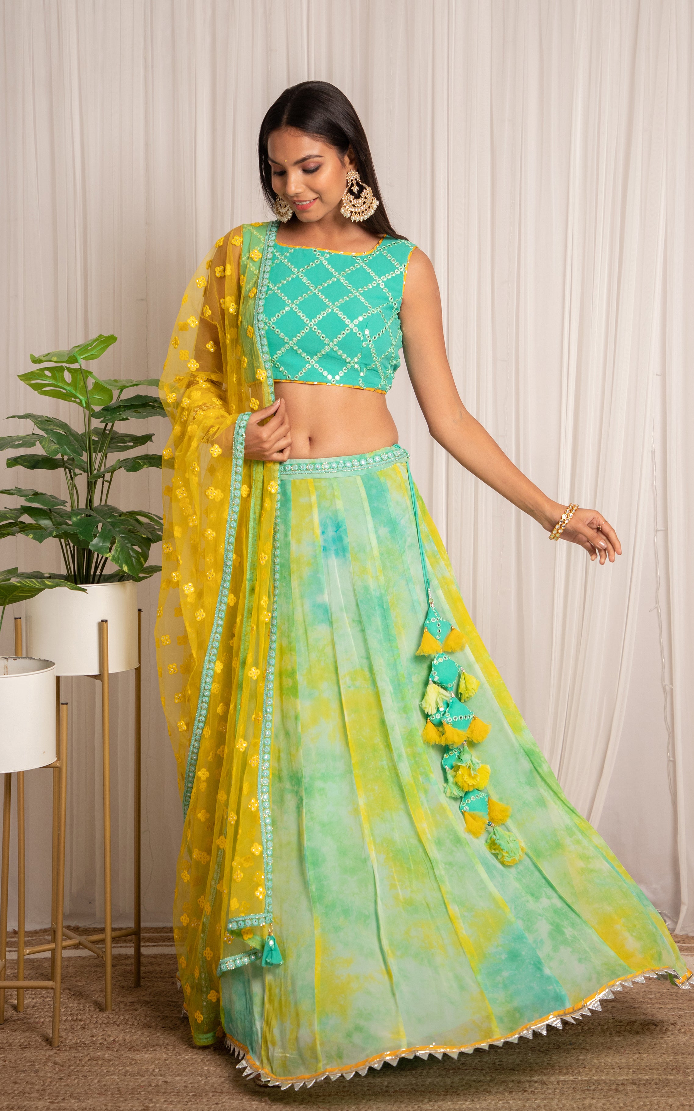 Mint Blue Shibori Georgette Lehenga with Mirrorwork Dupatta