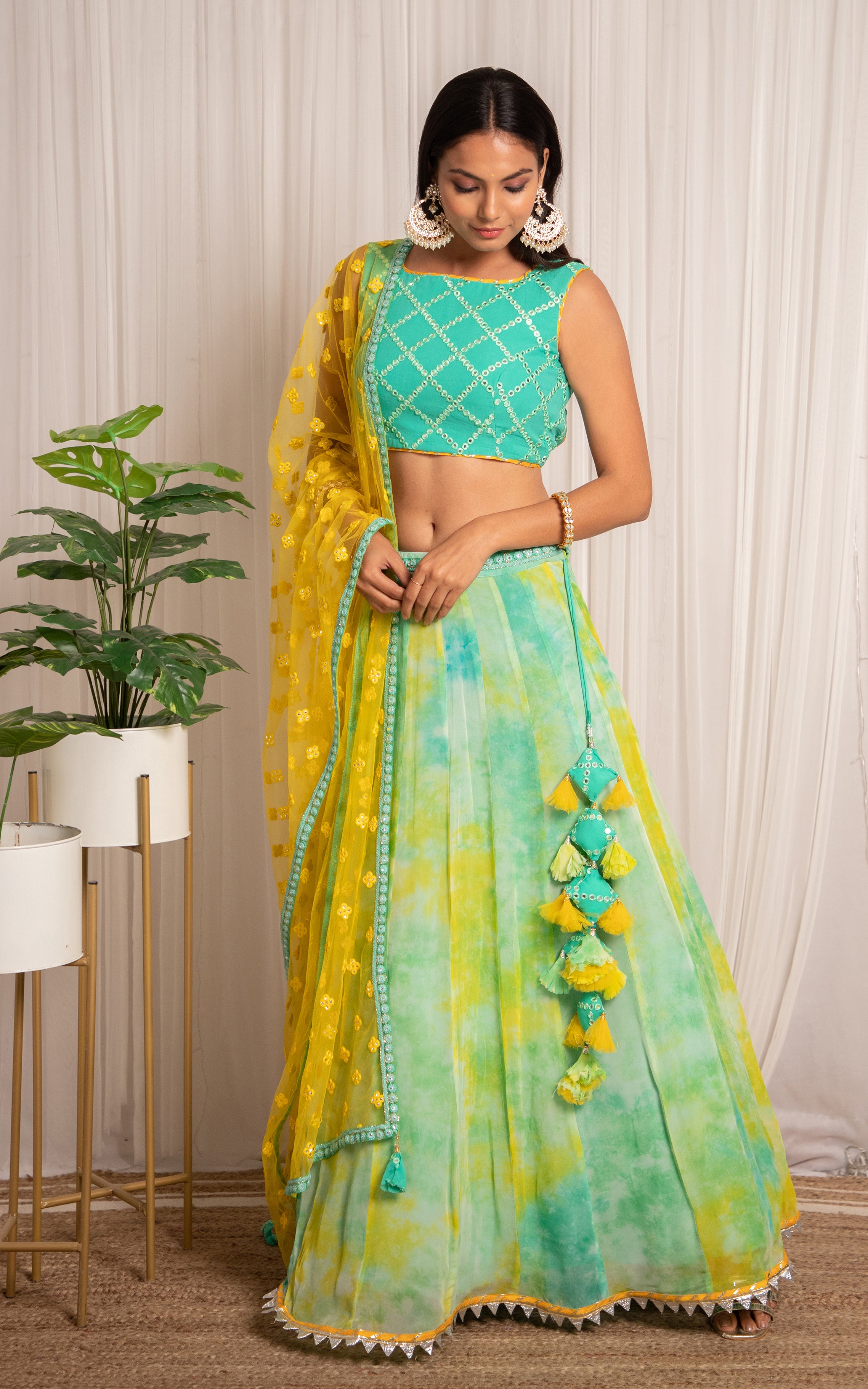 Mint Blue Shibori Georgette Lehenga with Mirrorwork Dupatta