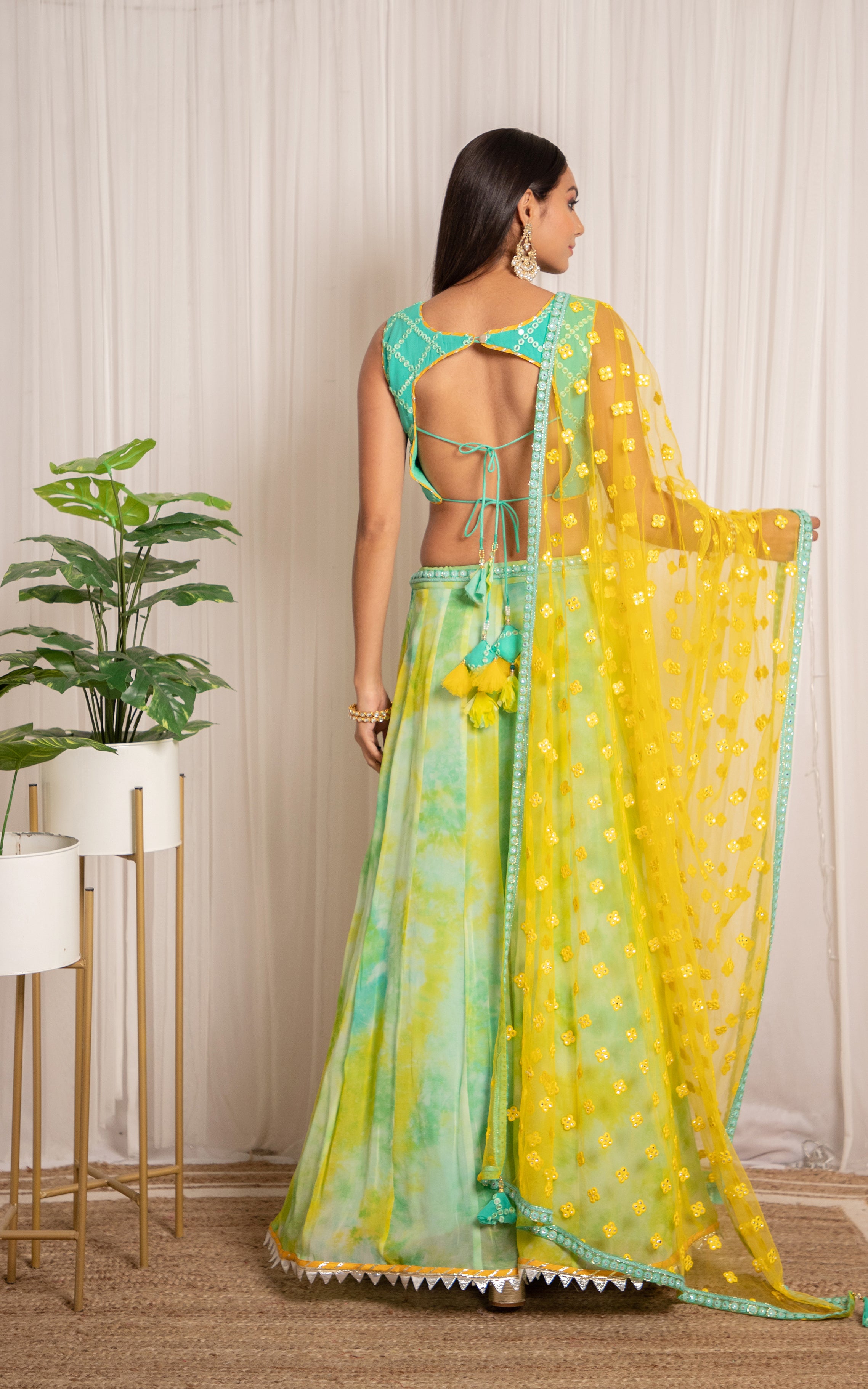 Mint Blue Shibori Georgette Lehenga with Mirrorwork Dupatta