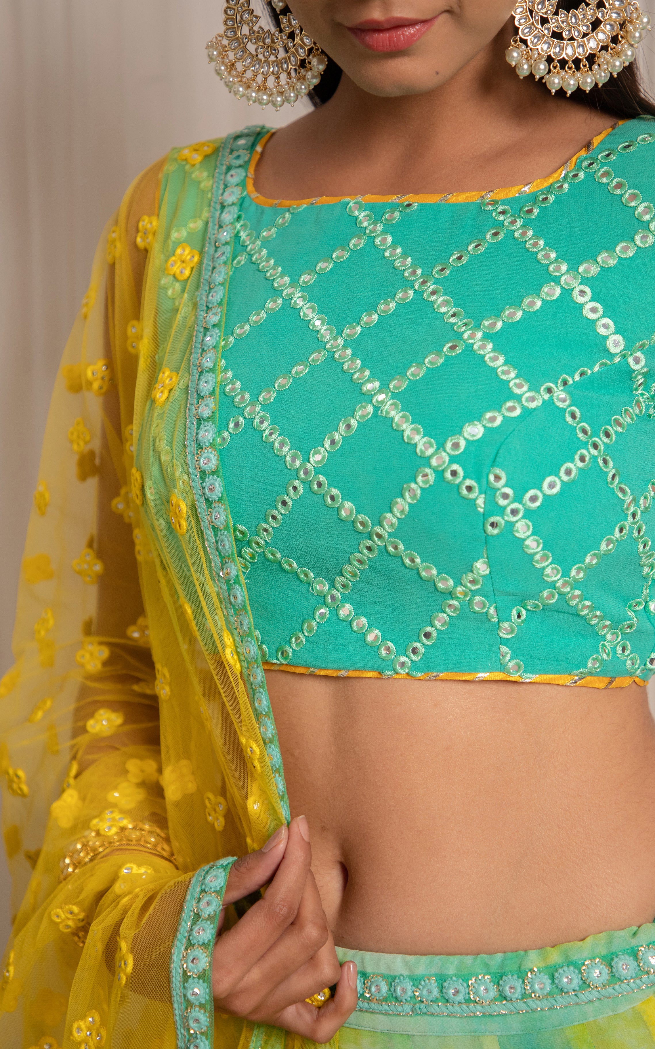 Mint Blue Shibori Georgette Lehenga with Mirrorwork Dupatta