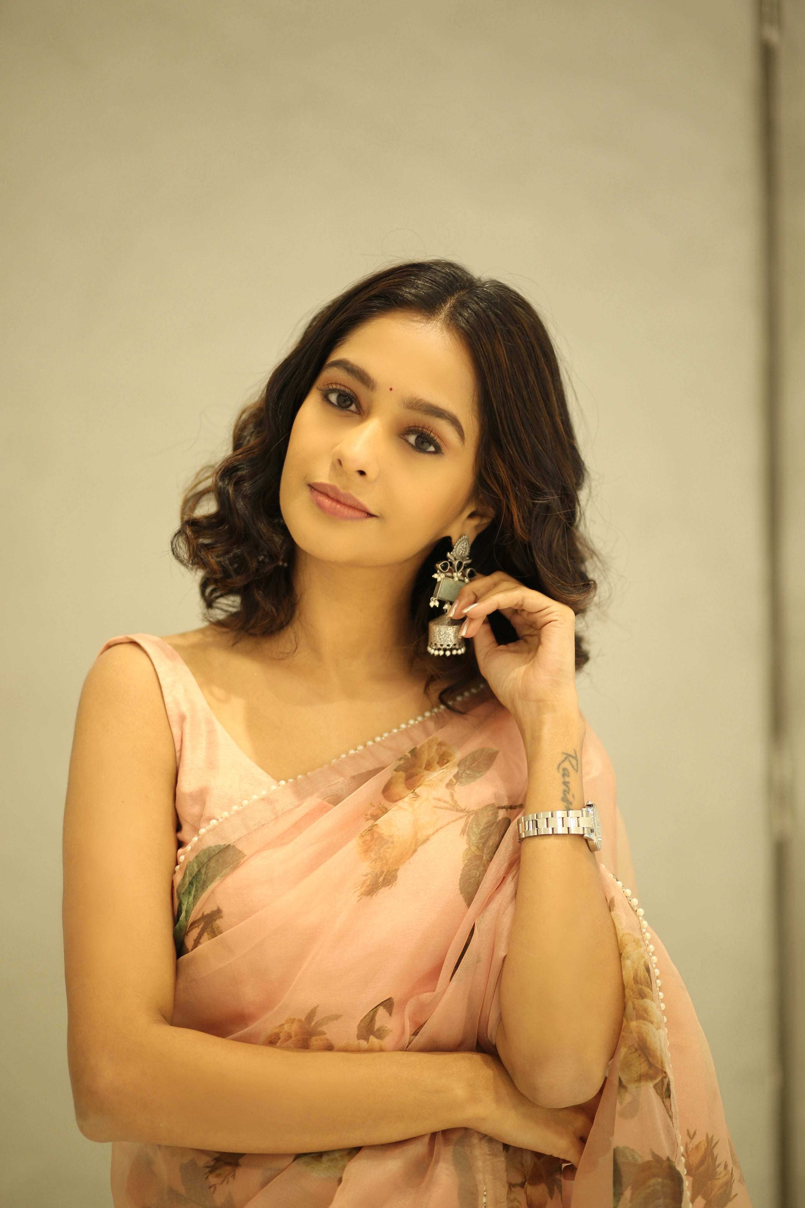 Mugdha Chaphekar Peach Floral Organza Saree