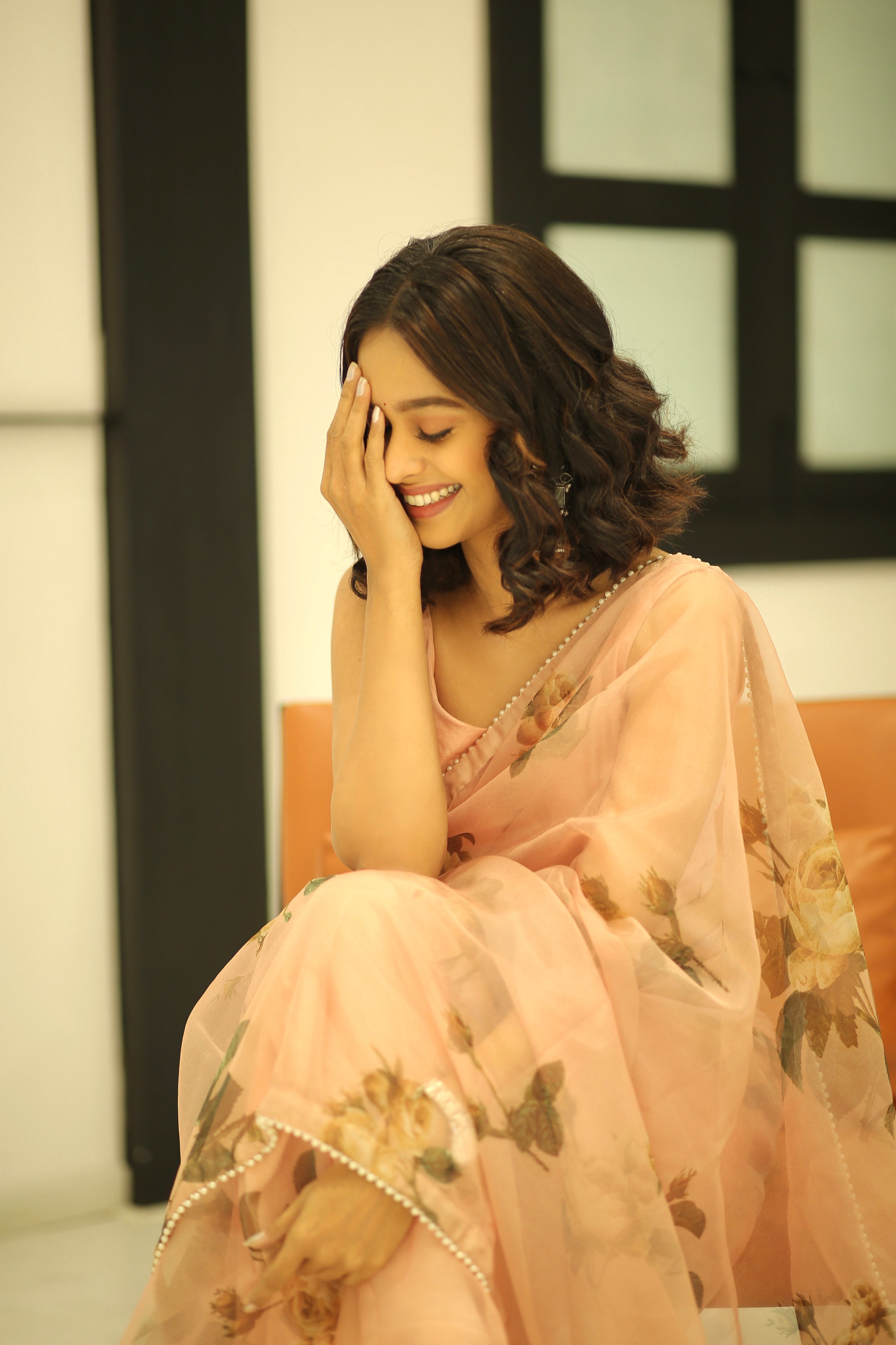 Mugdha Chaphekar Peach Floral Organza Saree