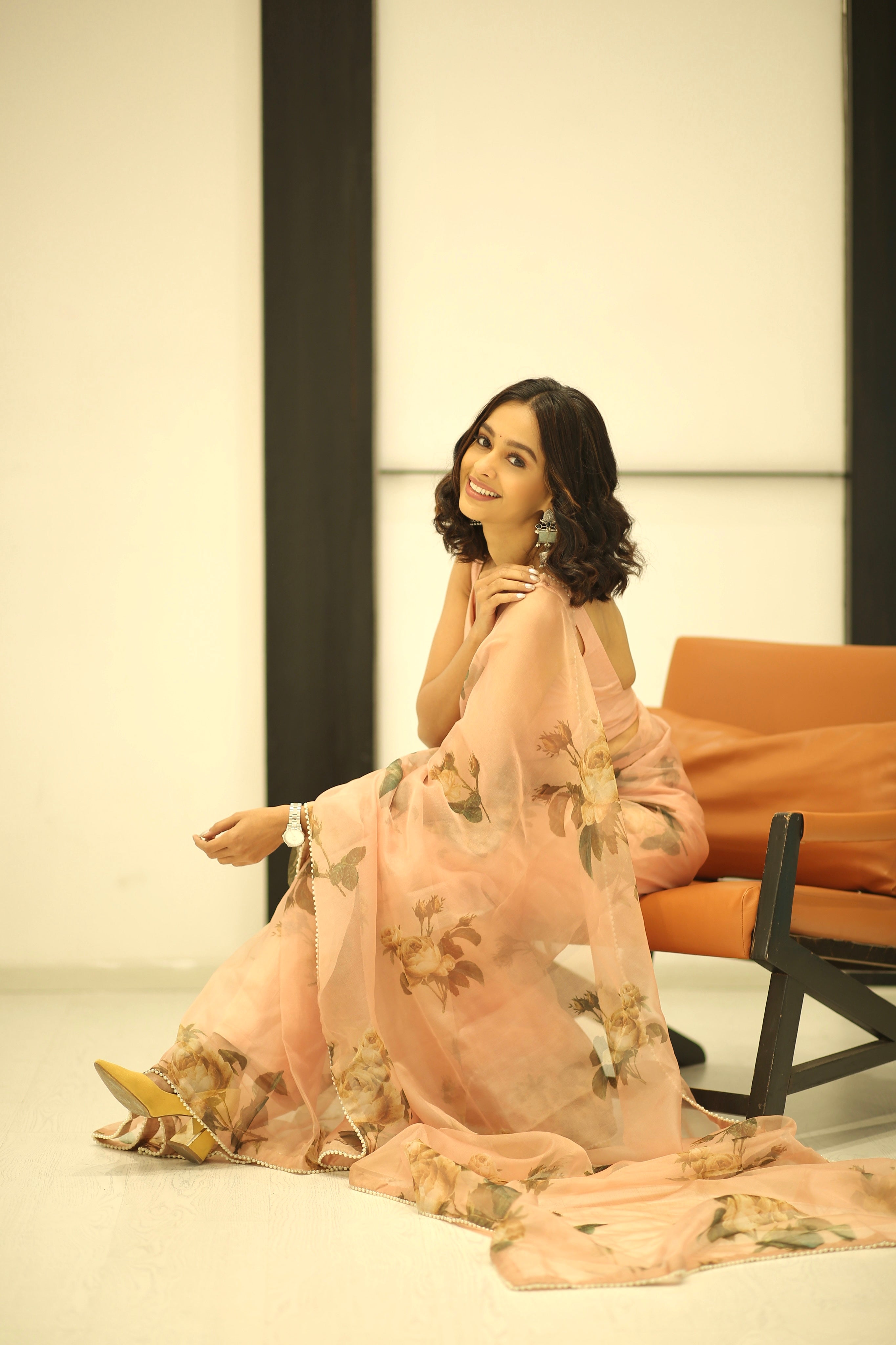 Mugdha Chaphekar Peach Floral Organza Saree