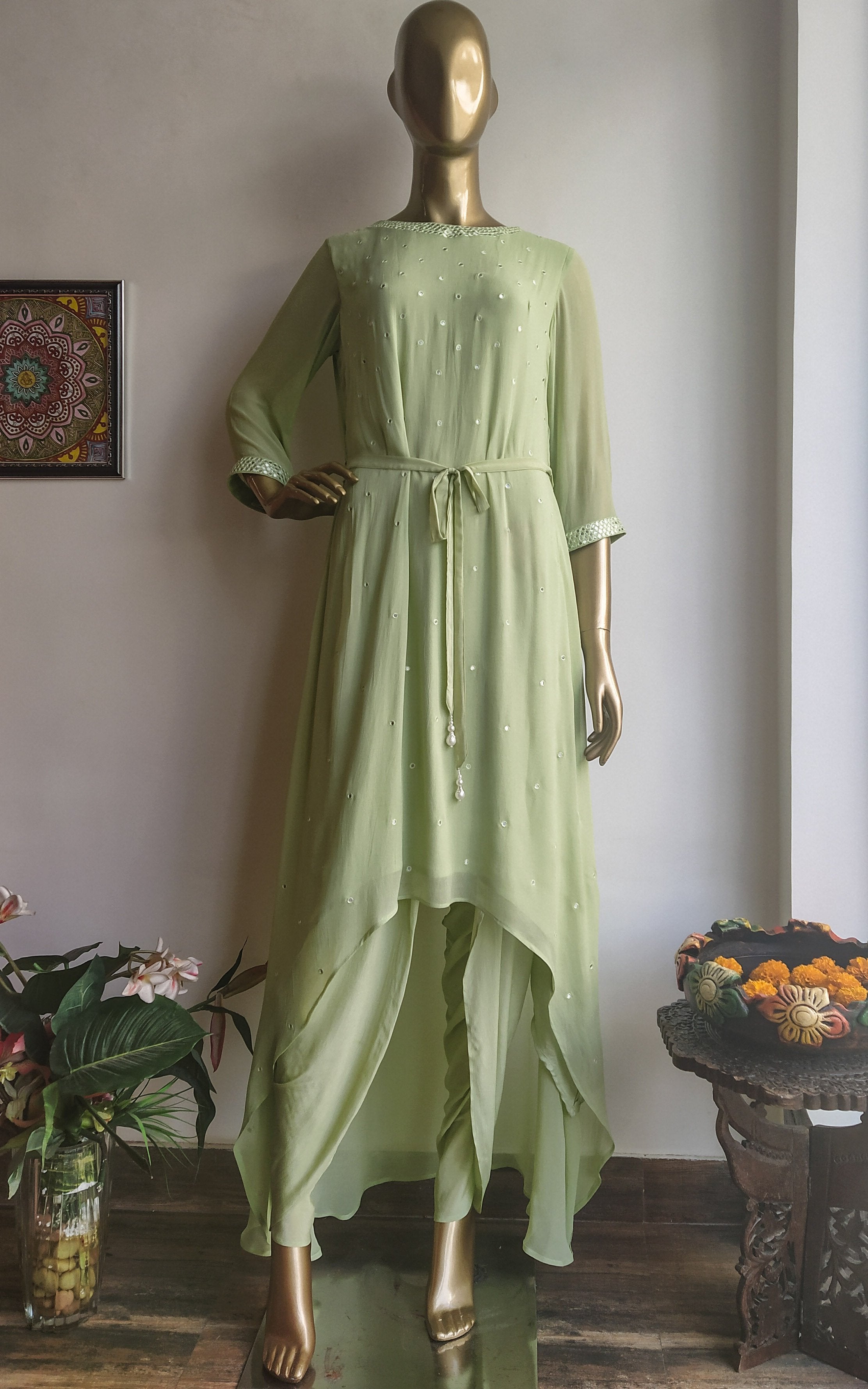 Pastel Green Mirrorwork Long Kurti with Dhoti Pants