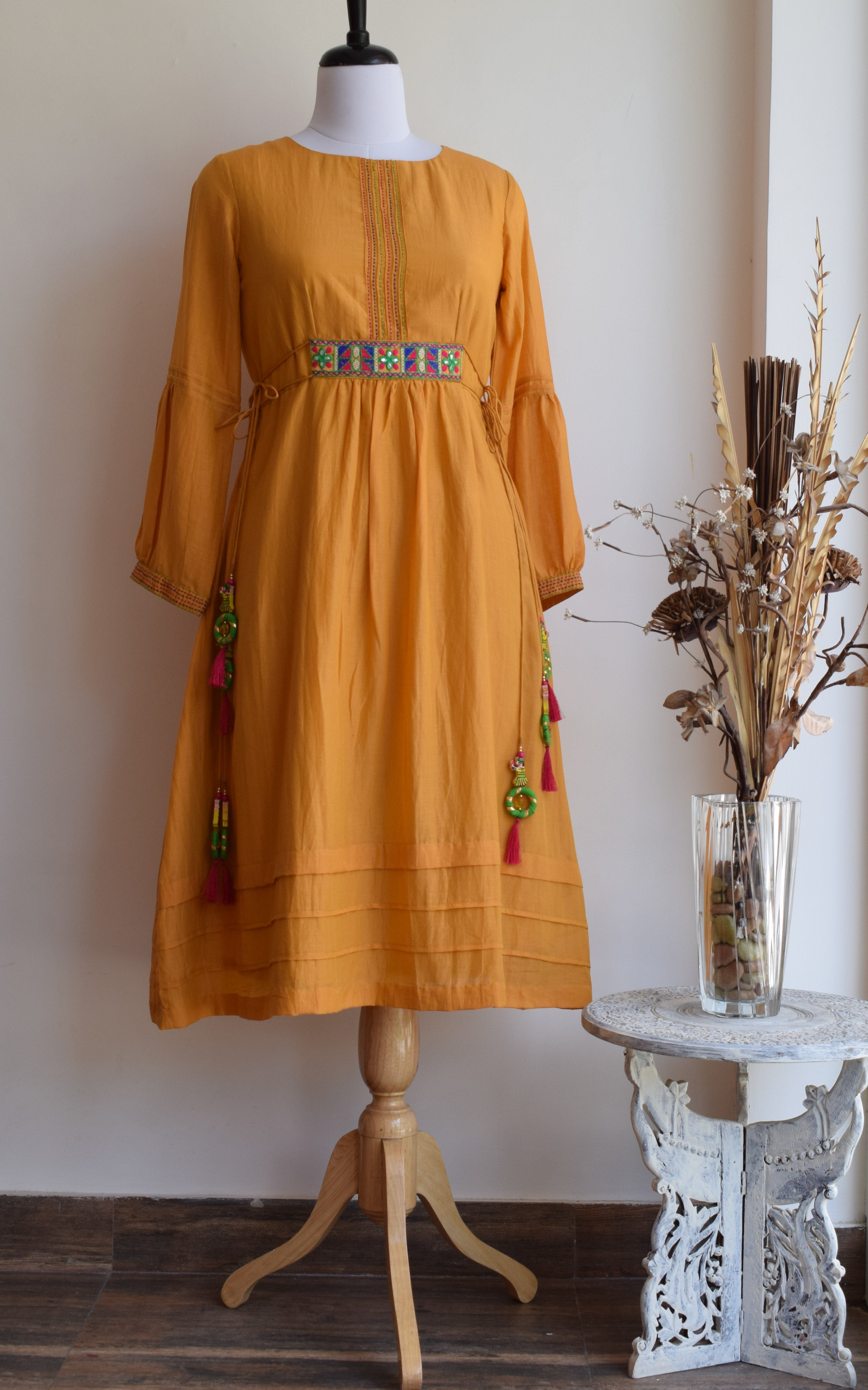 Mustard Cotton Silk Kantha-work Tunic