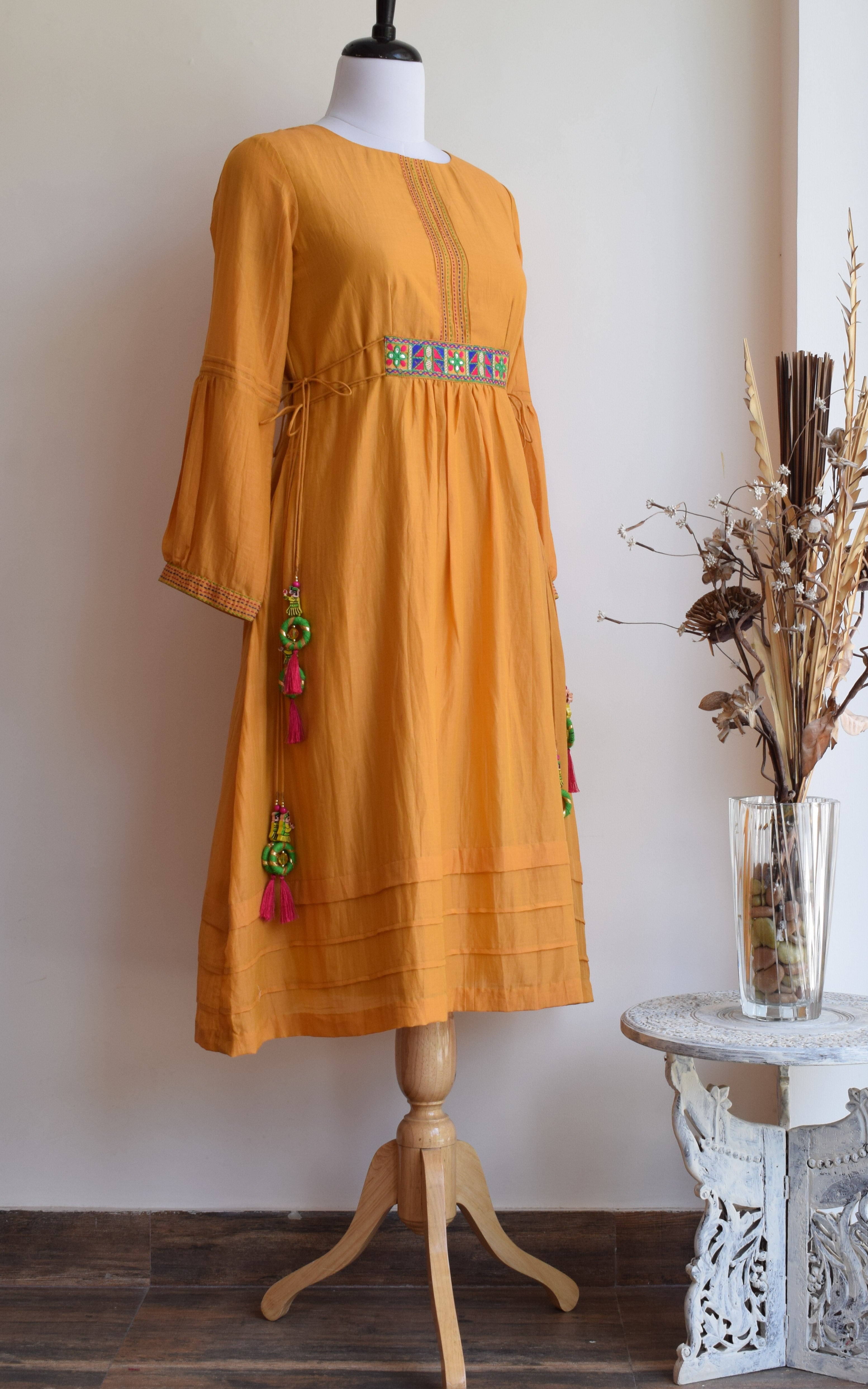 Mustard Cotton Silk Kantha-work Tunic