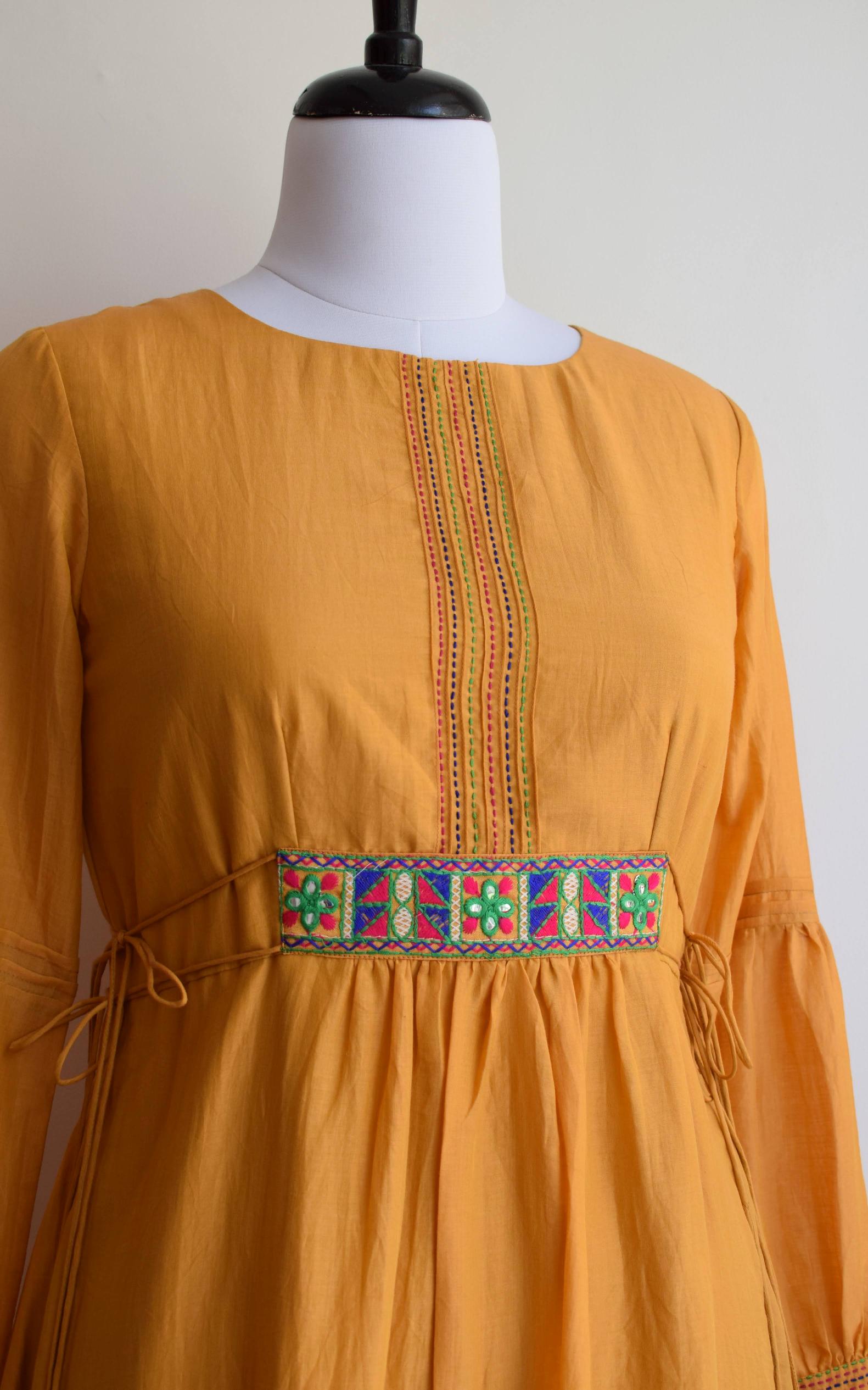 Mustard Cotton Silk Kantha-work Tunic