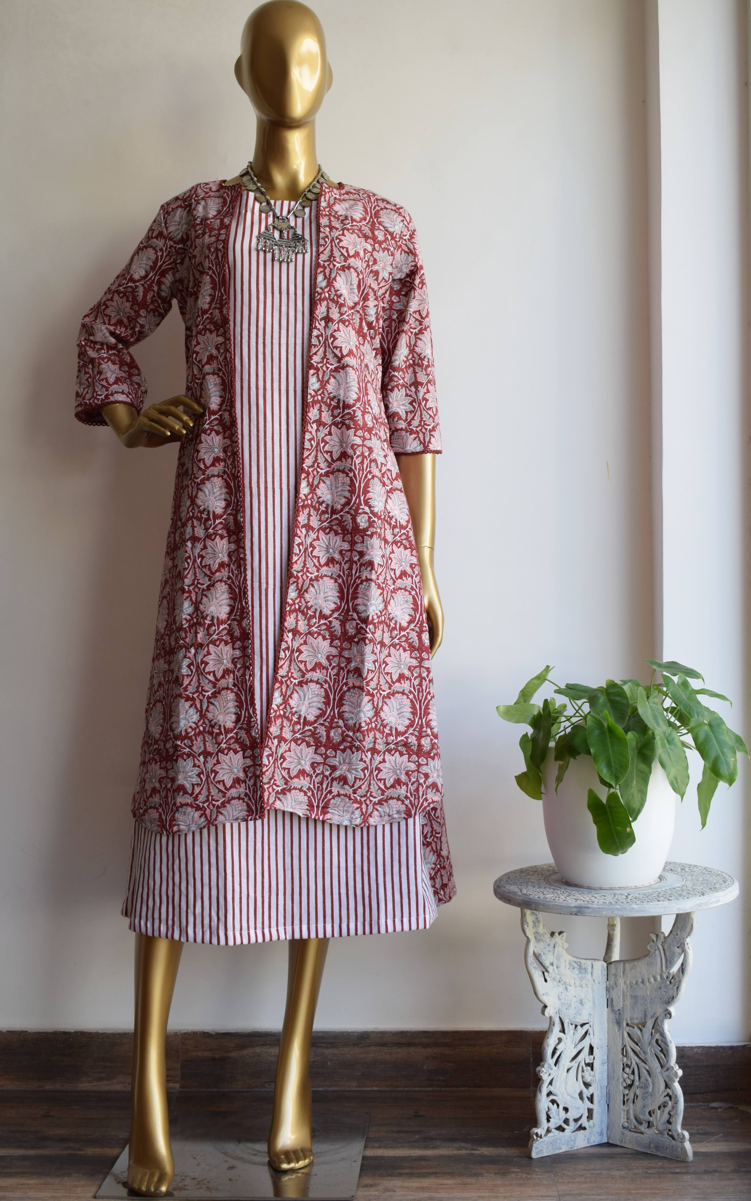 Maroon Block Print Jacket with Cotton Dress