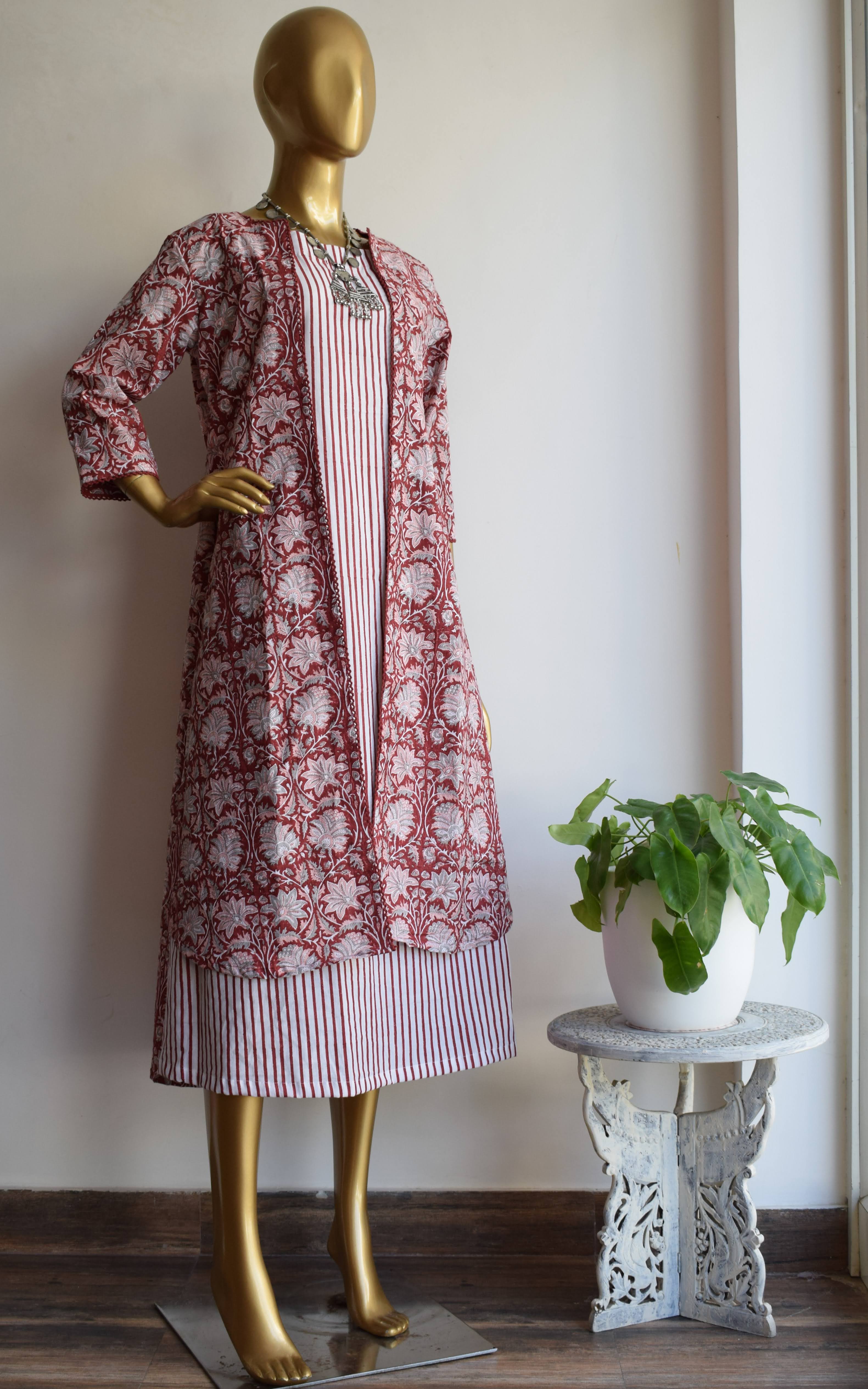 Maroon Block Print Jacket with Cotton Dress