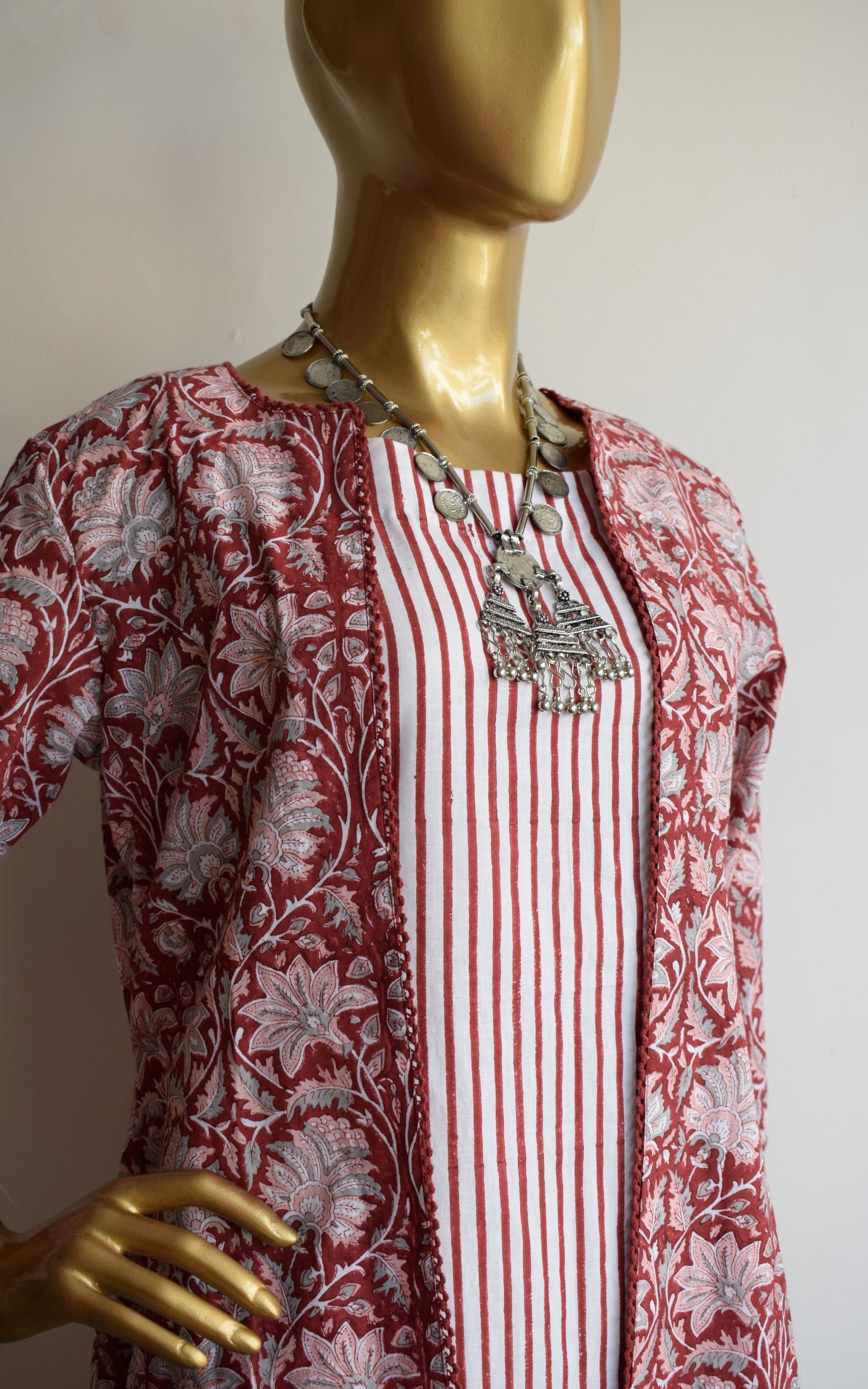 Maroon Block Print Jacket with Cotton Dress