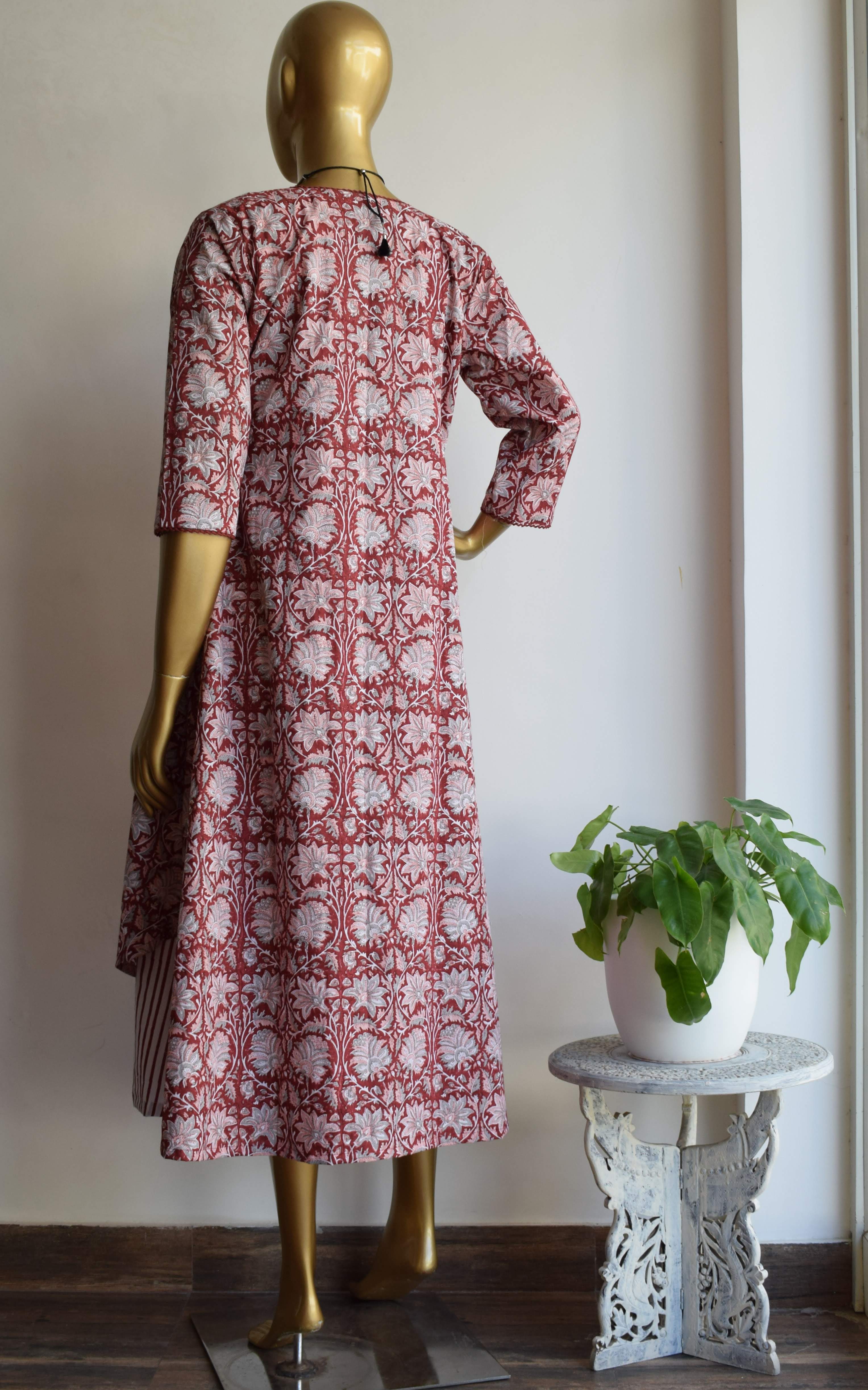 Maroon Block Print Jacket with Cotton Dress