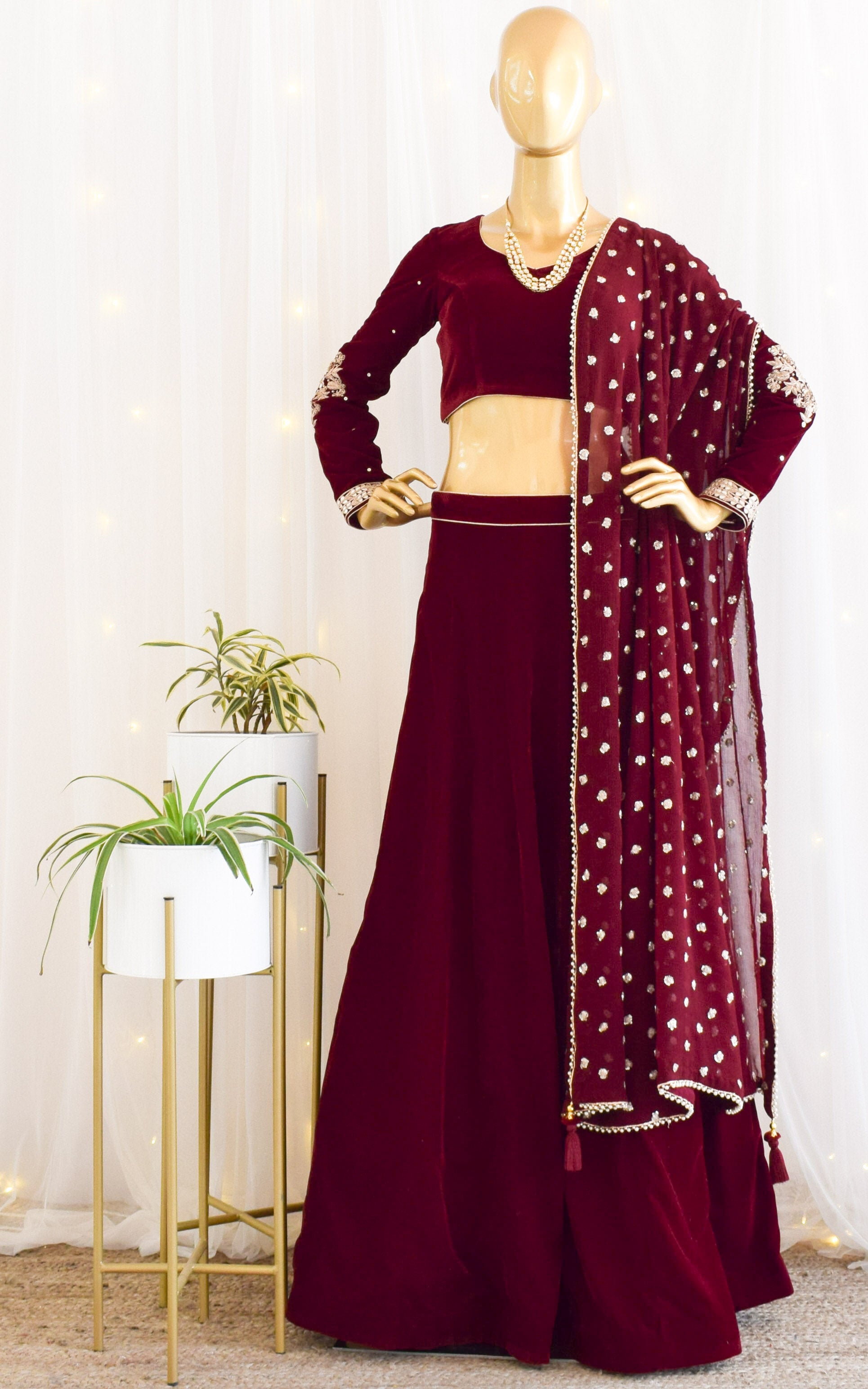 Maroon Velvet Lehenga with Embroidered Dupatta