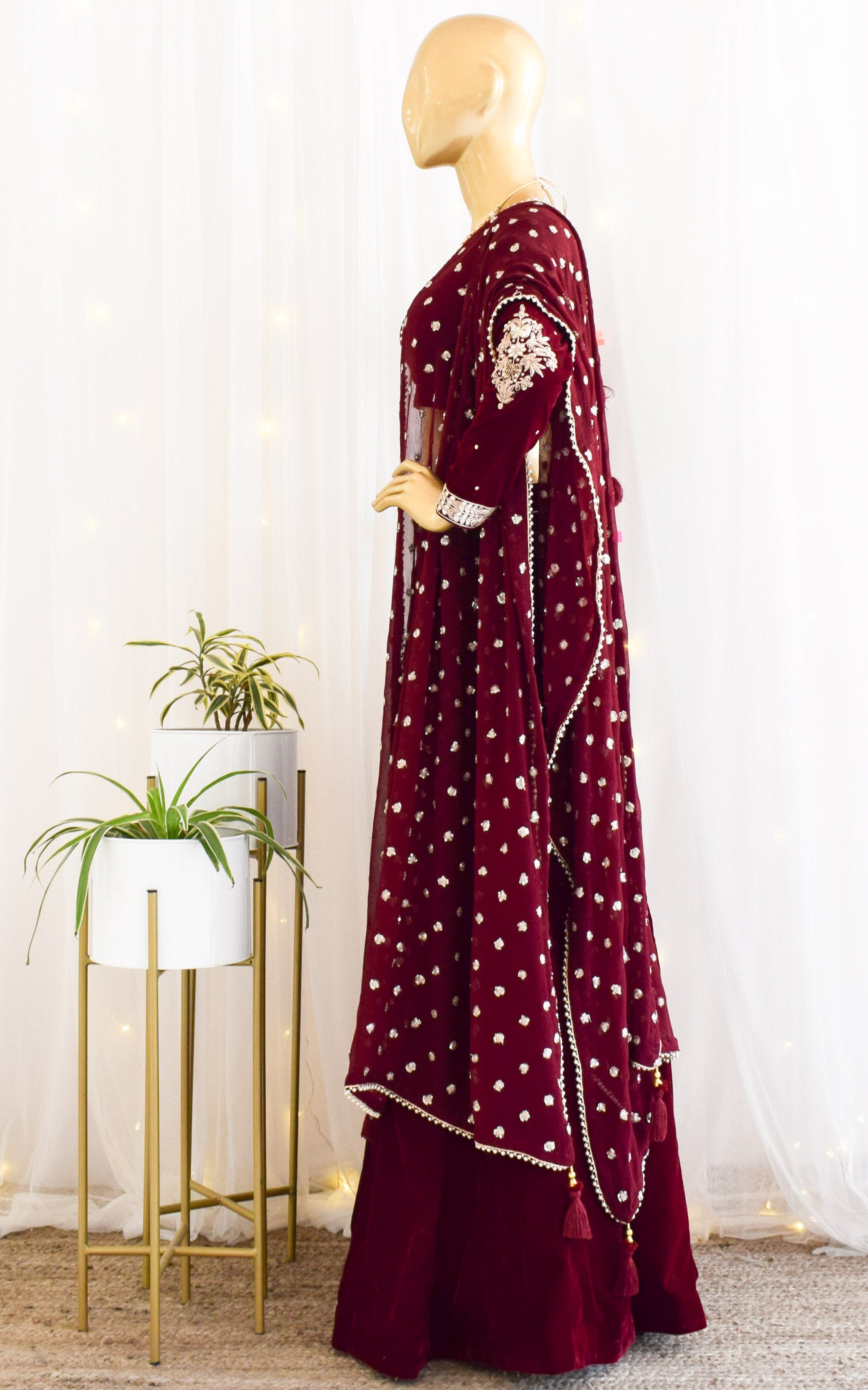 Maroon Velvet Lehenga with Embroidered Dupatta
