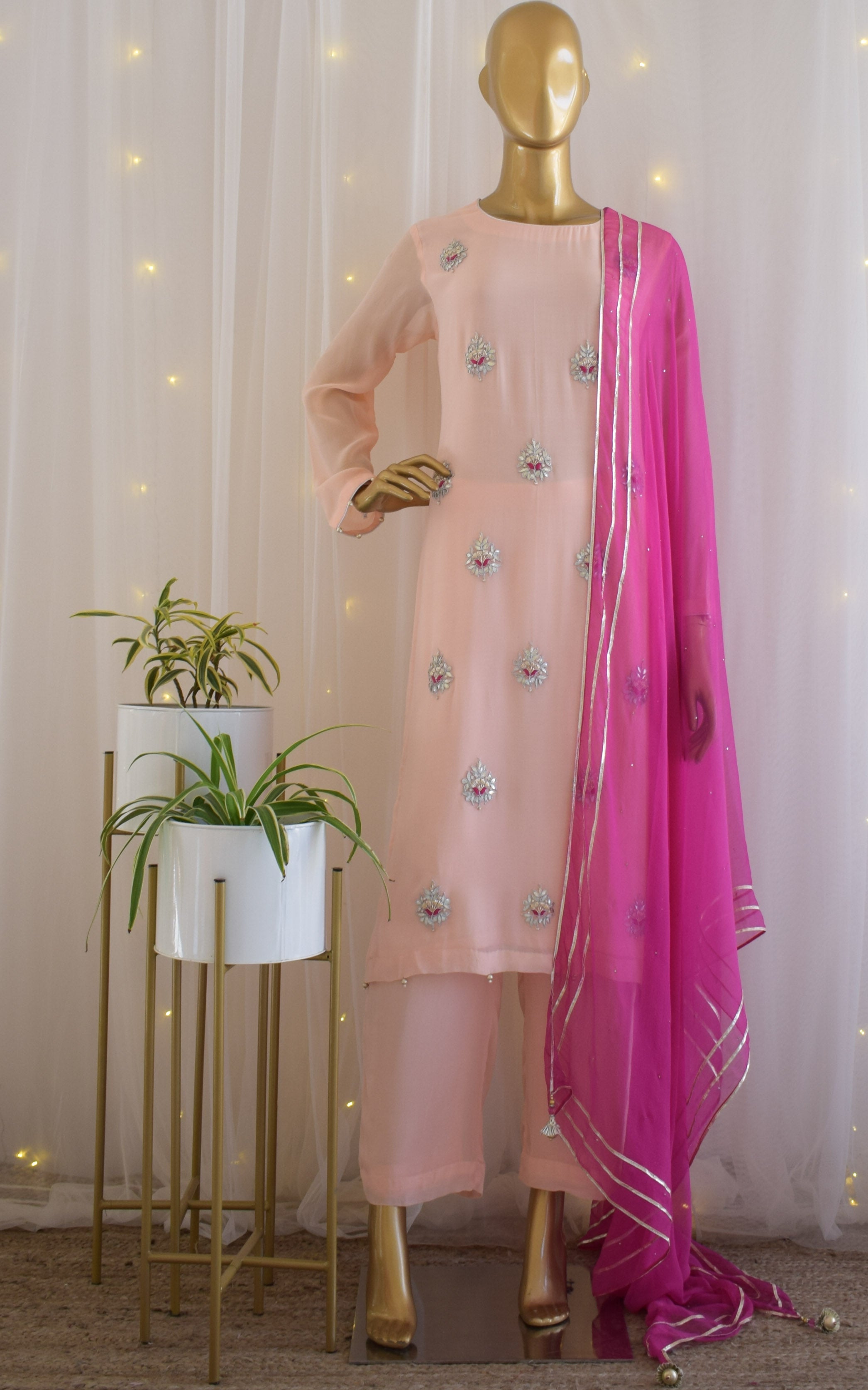 Powder Pink Gota Patti Kurta Set with Mukaish Dupatta