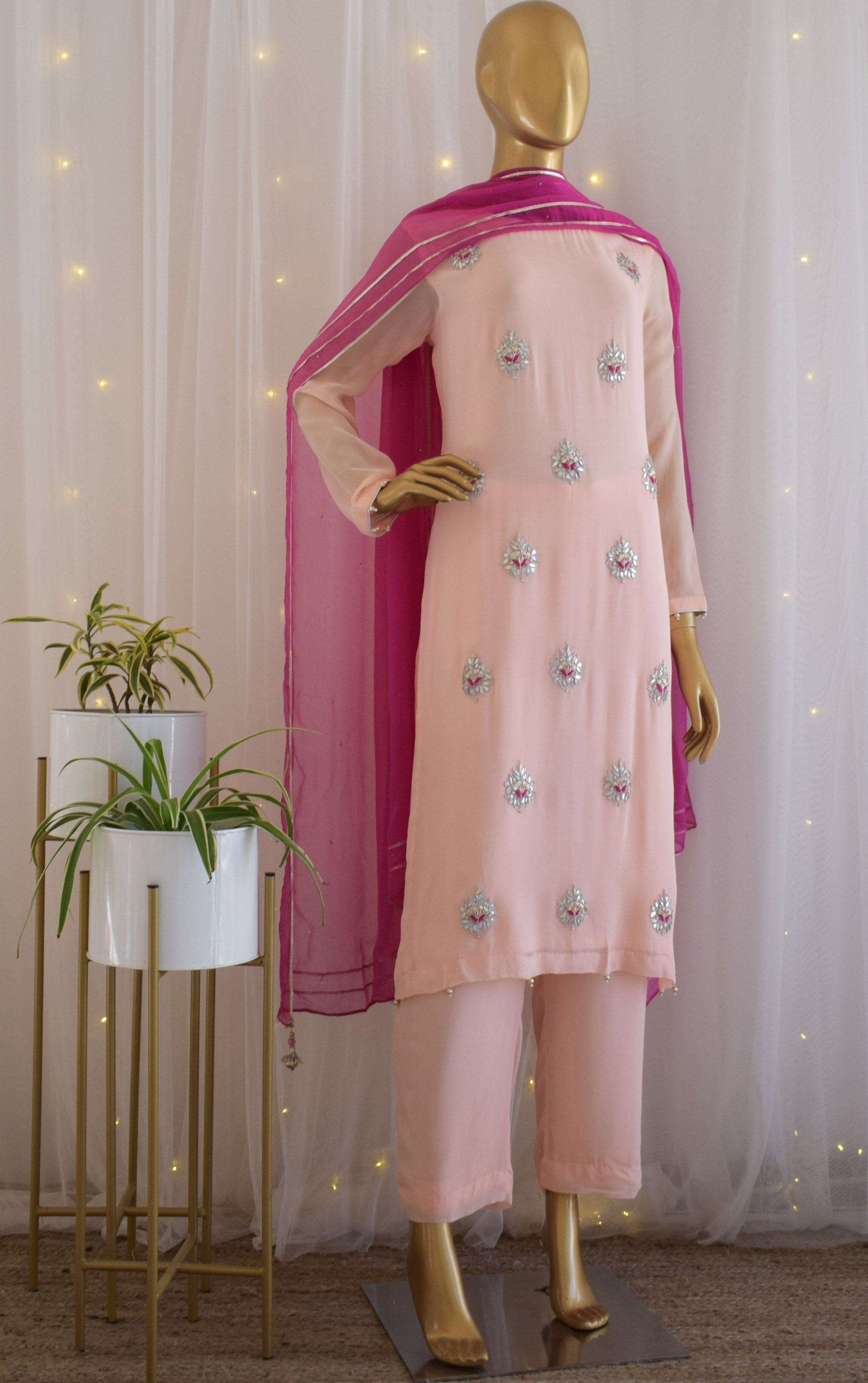 Powder Pink Gota Patti Kurta Set with Mukaish Dupatta
