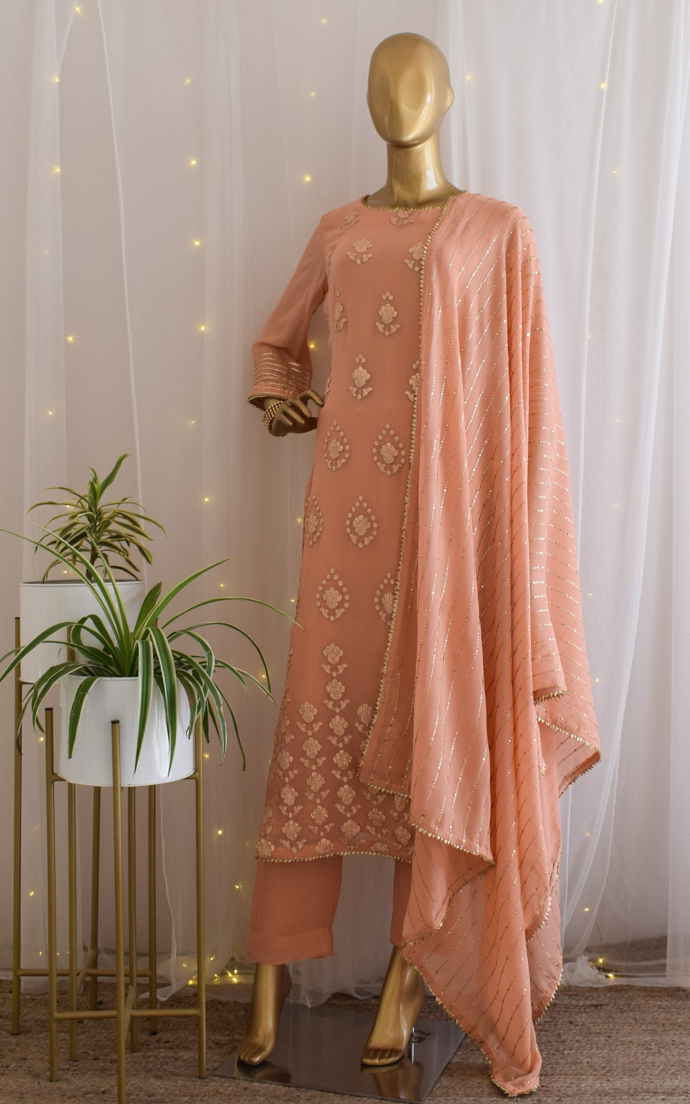 Peach Gota Foil Kurta Set with Mukaish Dupatta