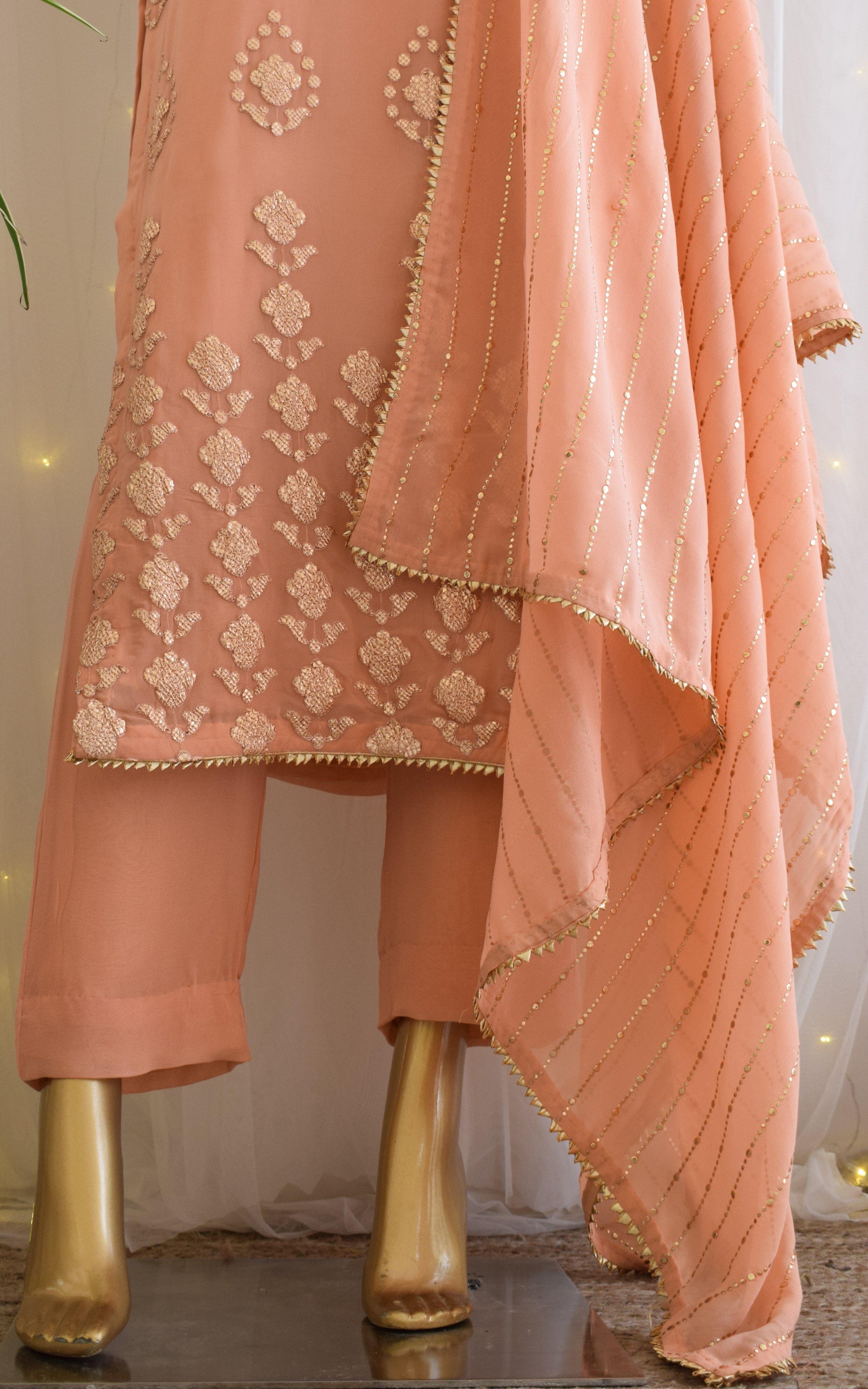 Peach Gota Foil Kurta Set with Mukaish Dupatta