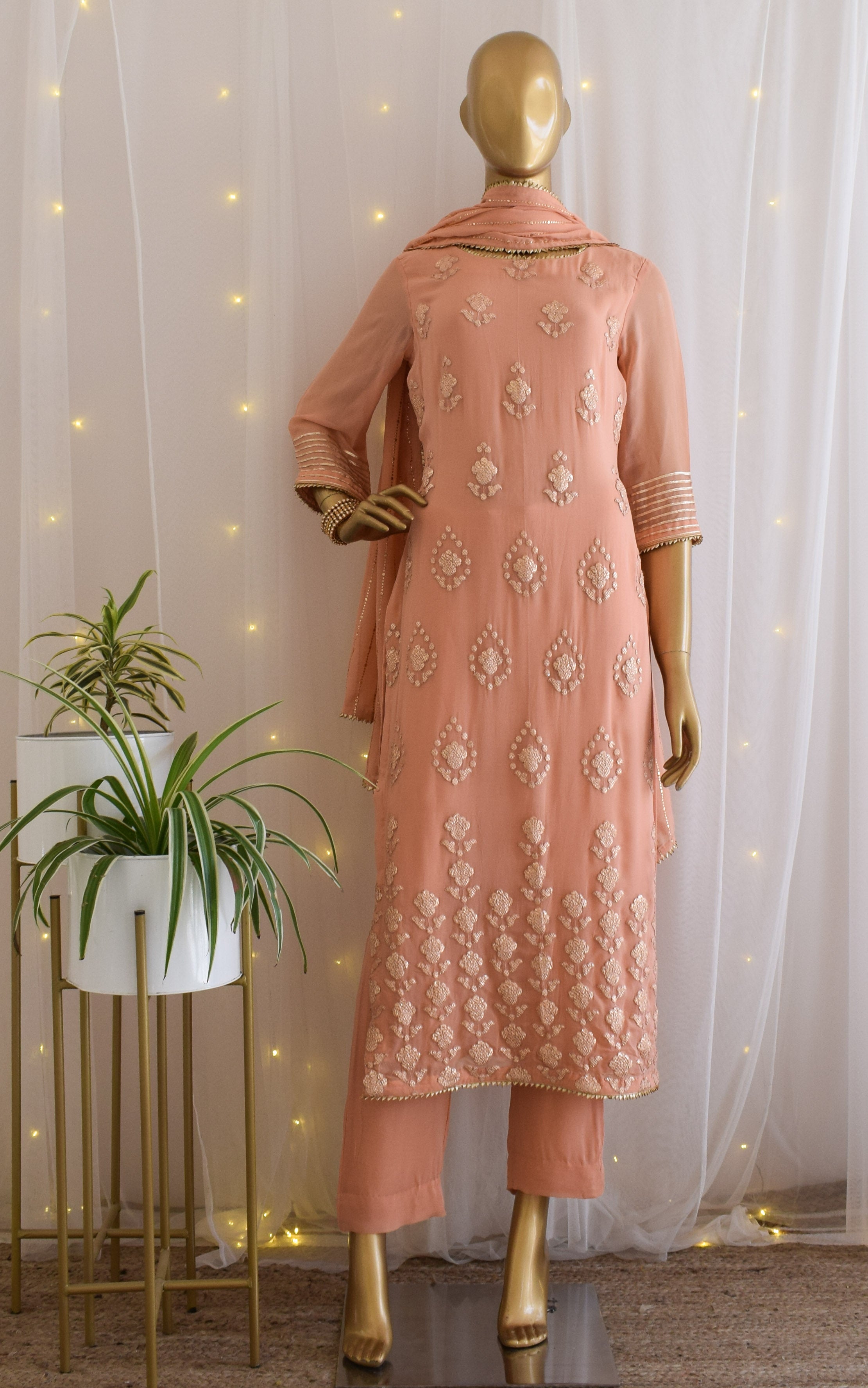 Peach Gota Foil Kurta Set with Mukaish Dupatta