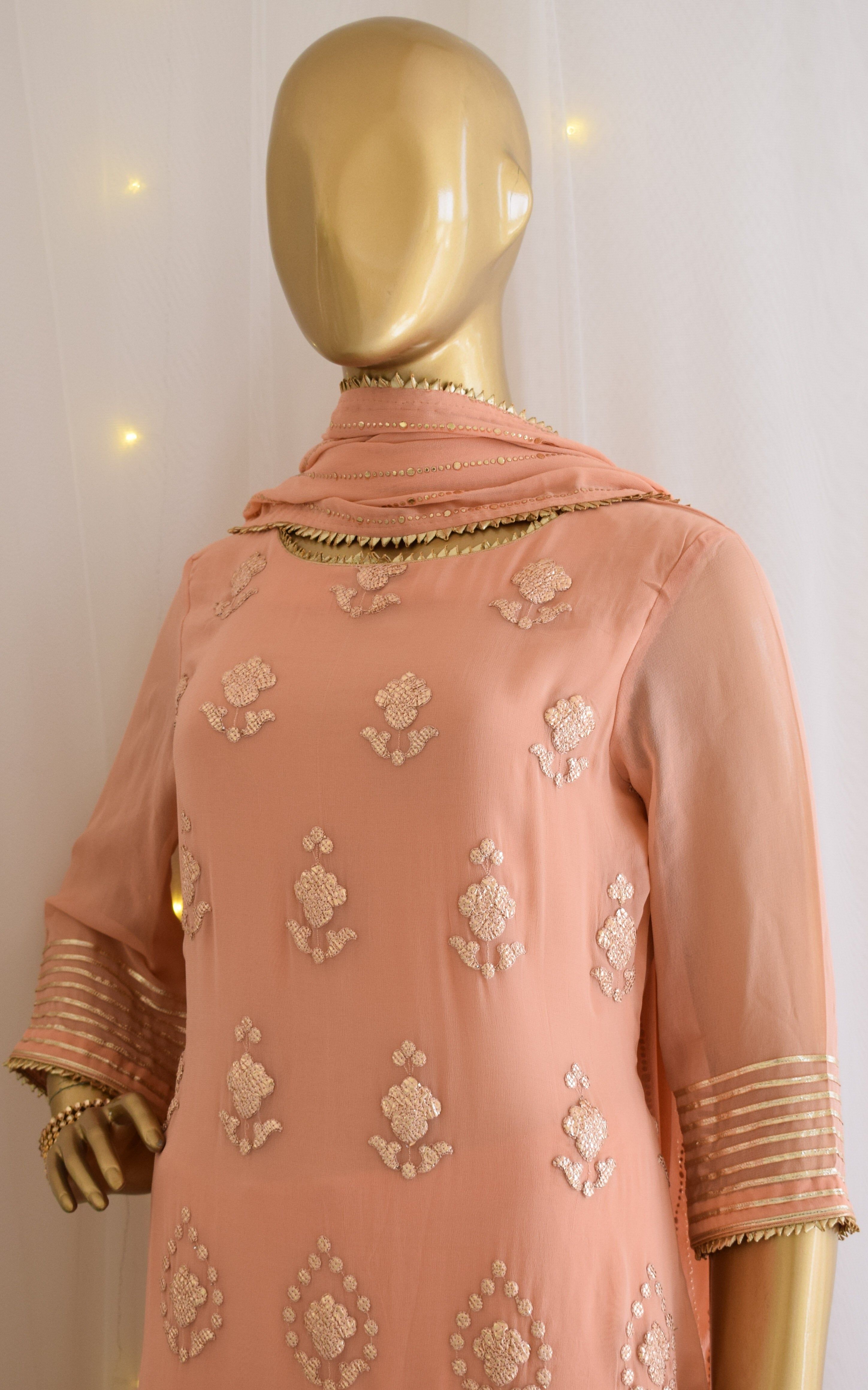 Peach Gota Foil Kurta Set with Mukaish Dupatta