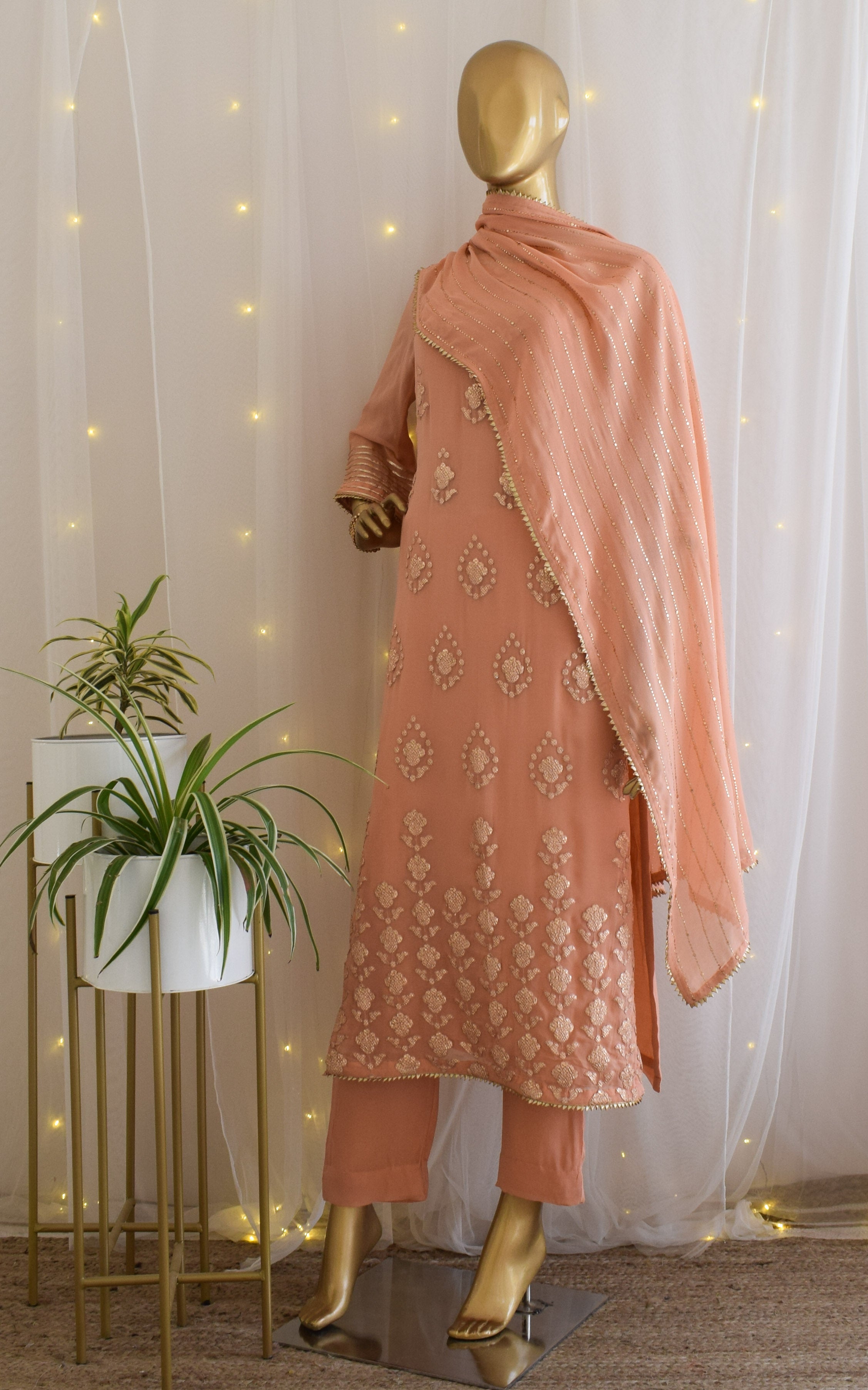 Peach Gota Foil Kurta Set with Mukaish Dupatta