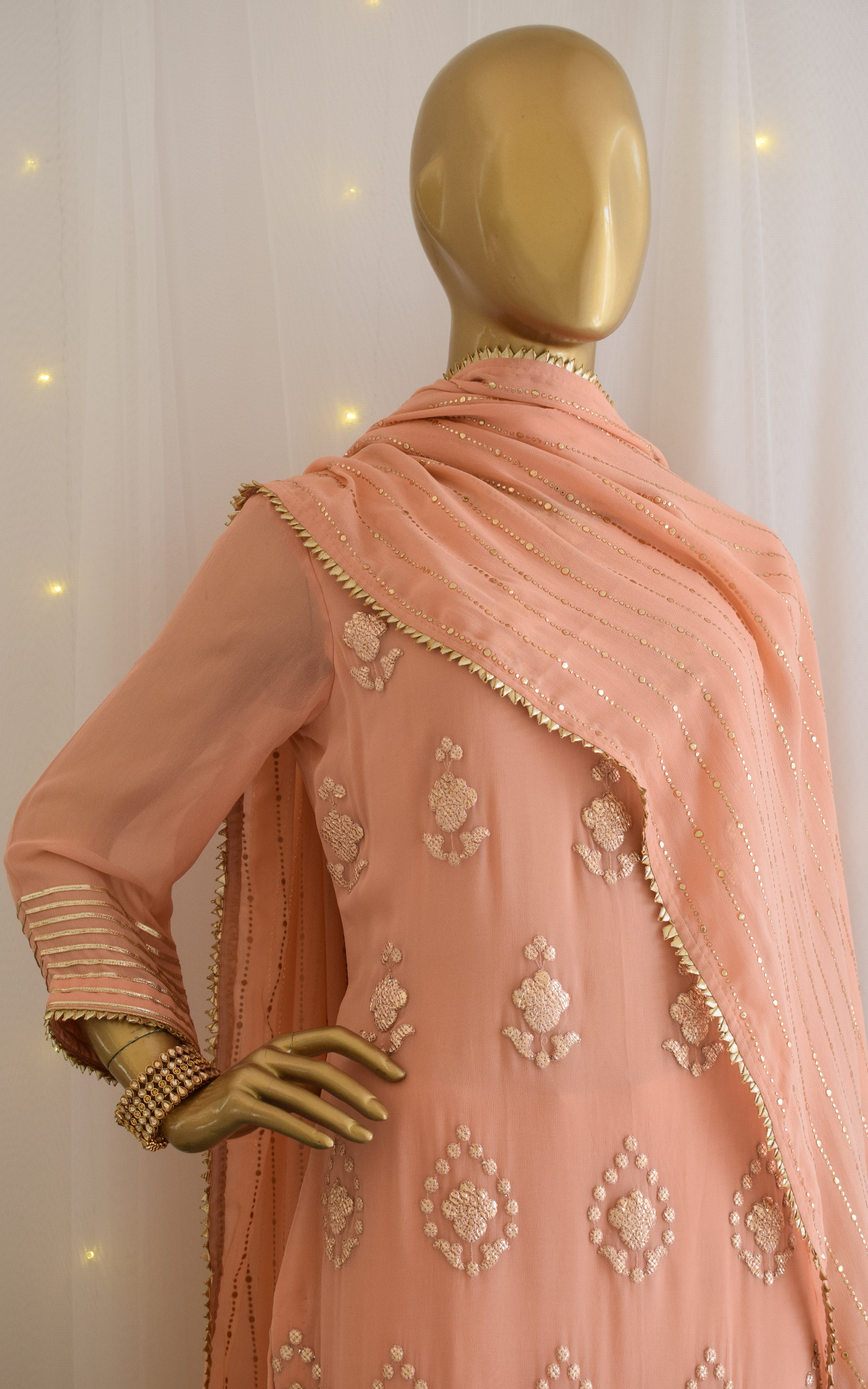 Peach Gota Foil Kurta Set with Mukaish Dupatta