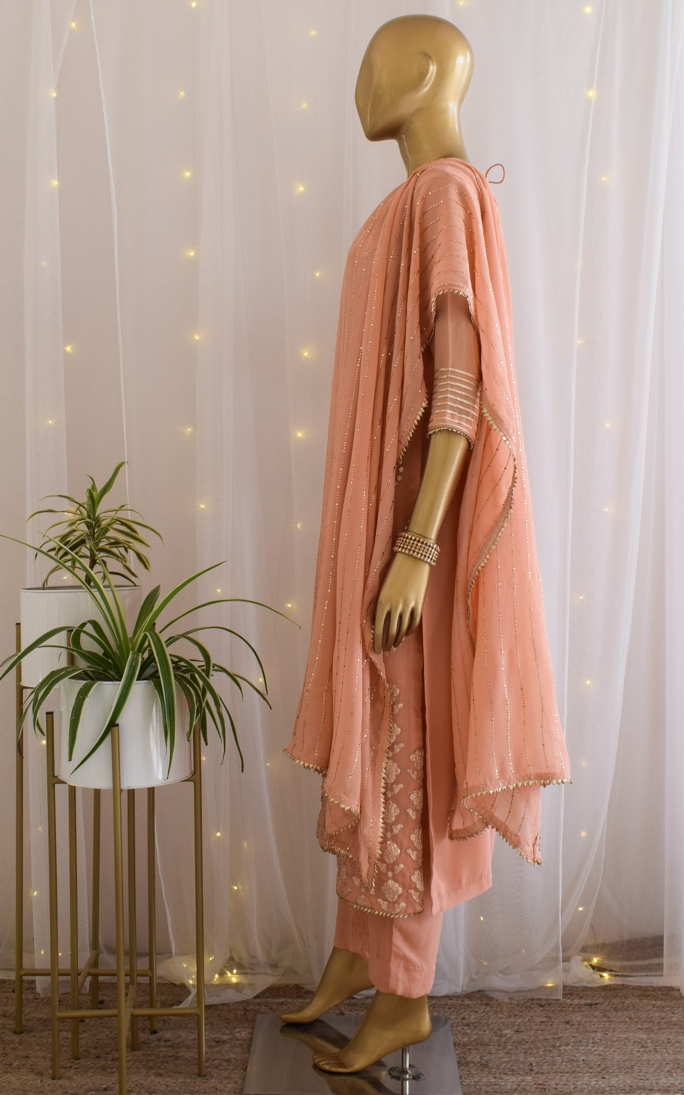 Peach Gota Foil Kurta Set with Mukaish Dupatta