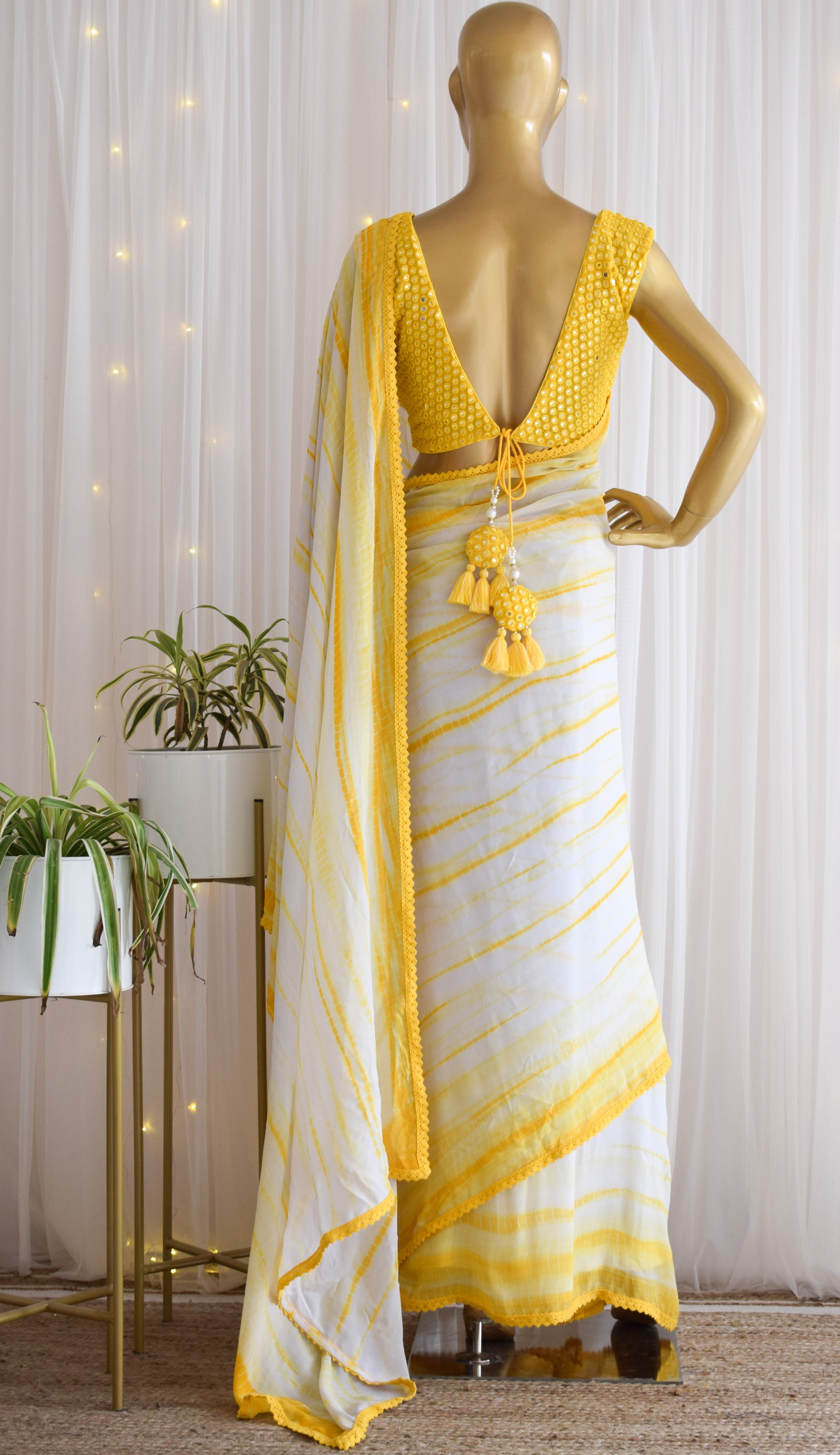 Palak Sindhwani Yellow Shibori Georgette Saree with Mirrorwork Blouse