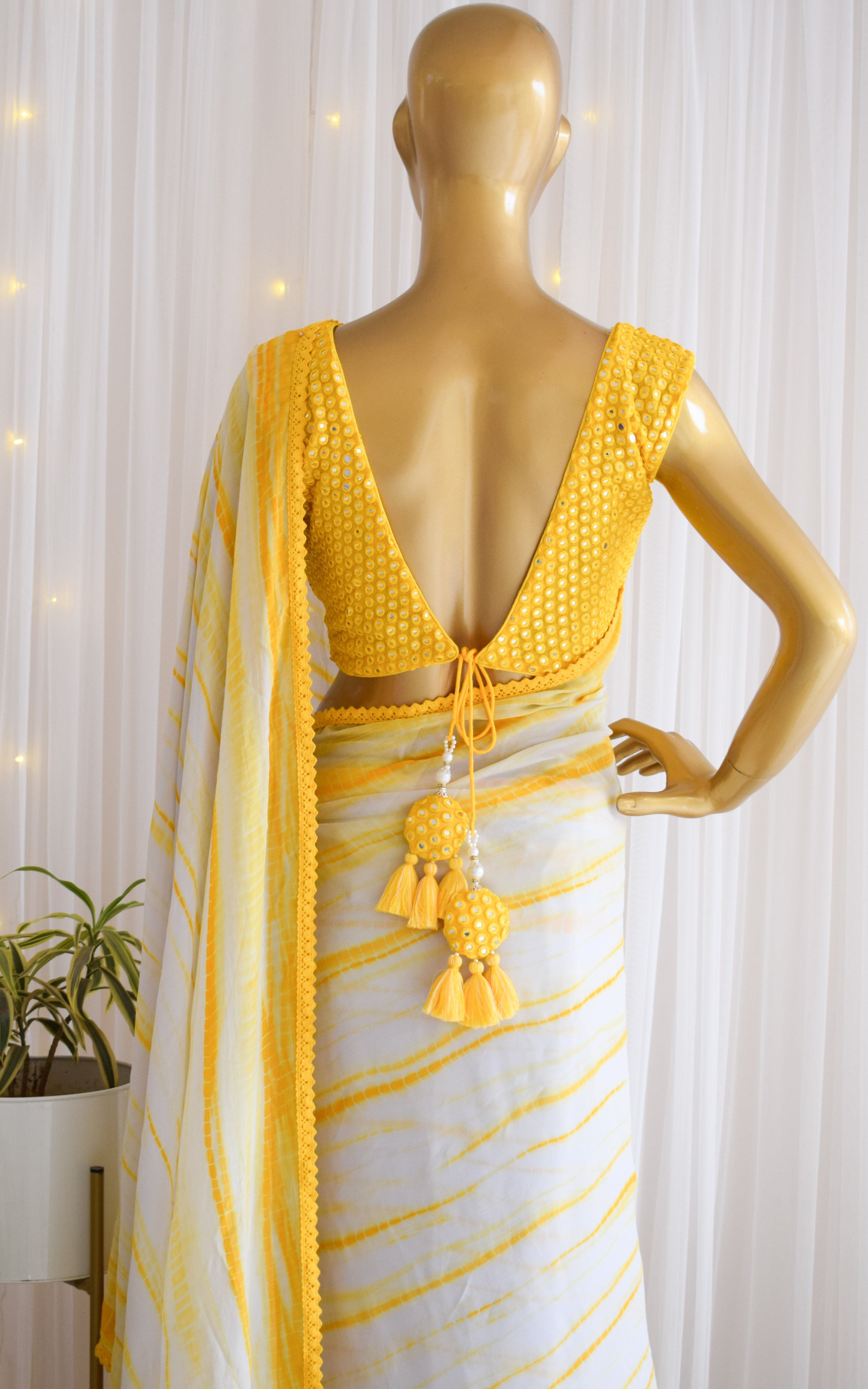 Palak Sindhwani Yellow Shibori Georgette Saree with Mirrorwork Blouse