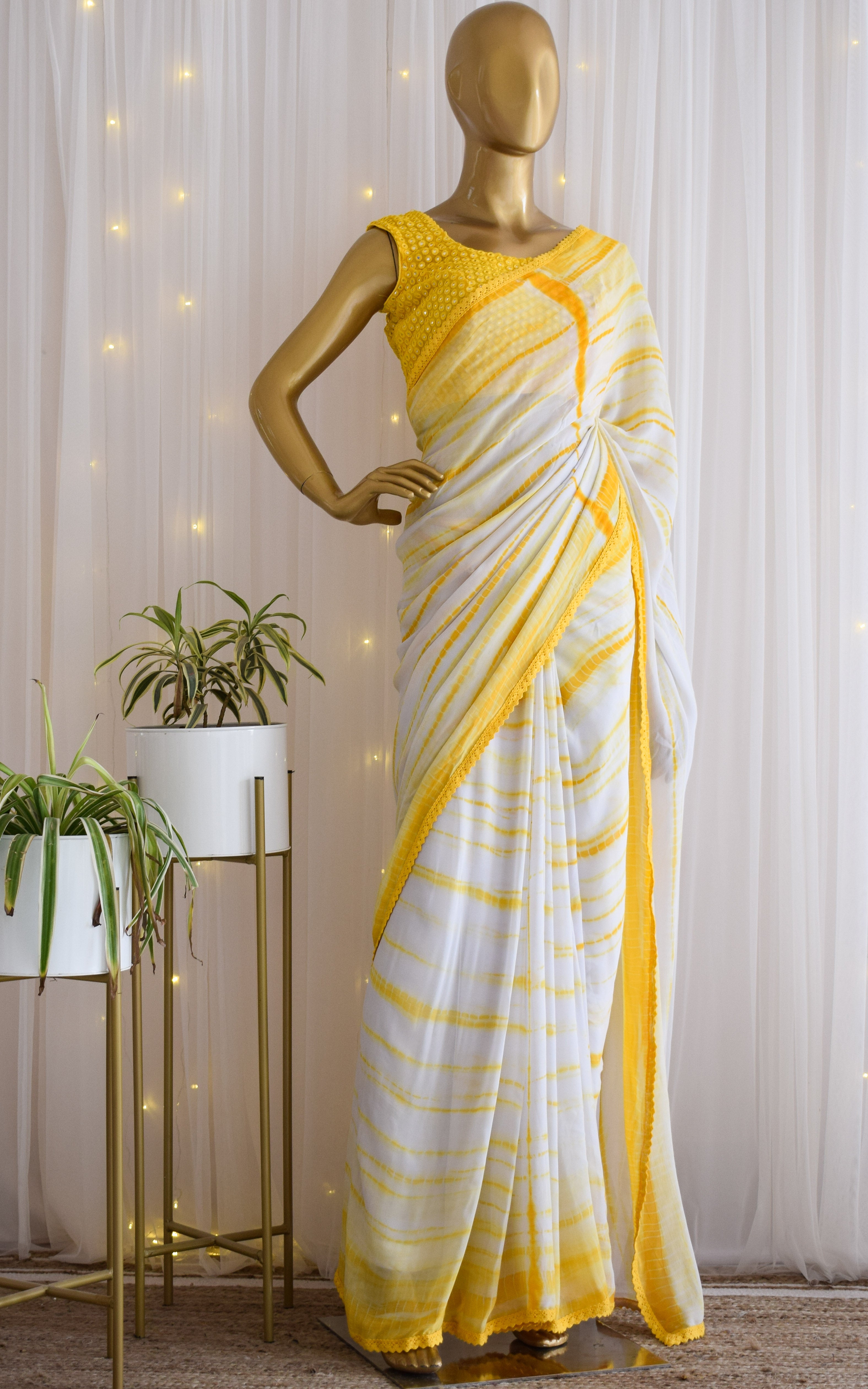 Palak Sindhwani Yellow Shibori Georgette Saree with Mirrorwork Blouse