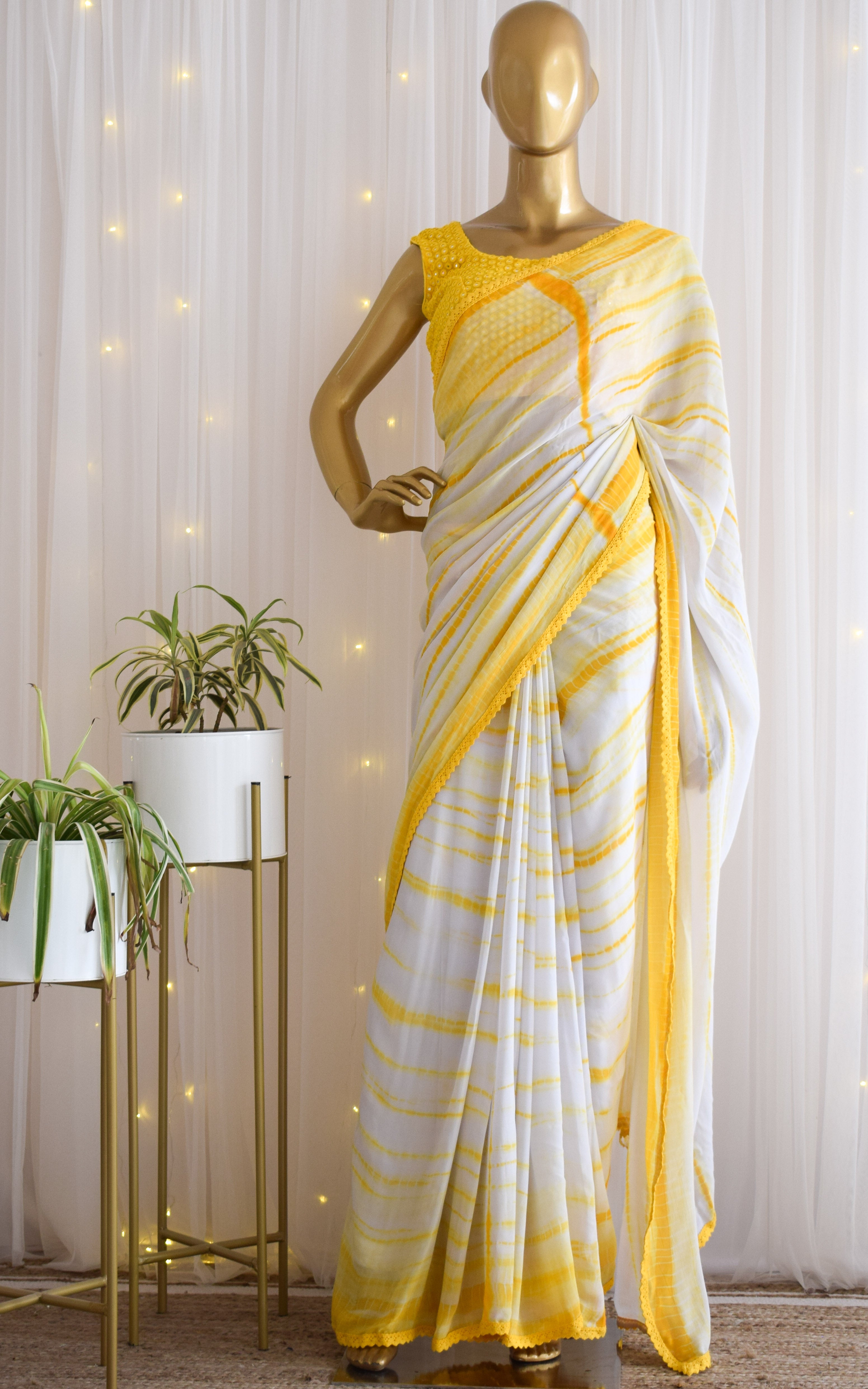 Palak Sindhwani Yellow Shibori Georgette Saree with Mirrorwork Blouse
