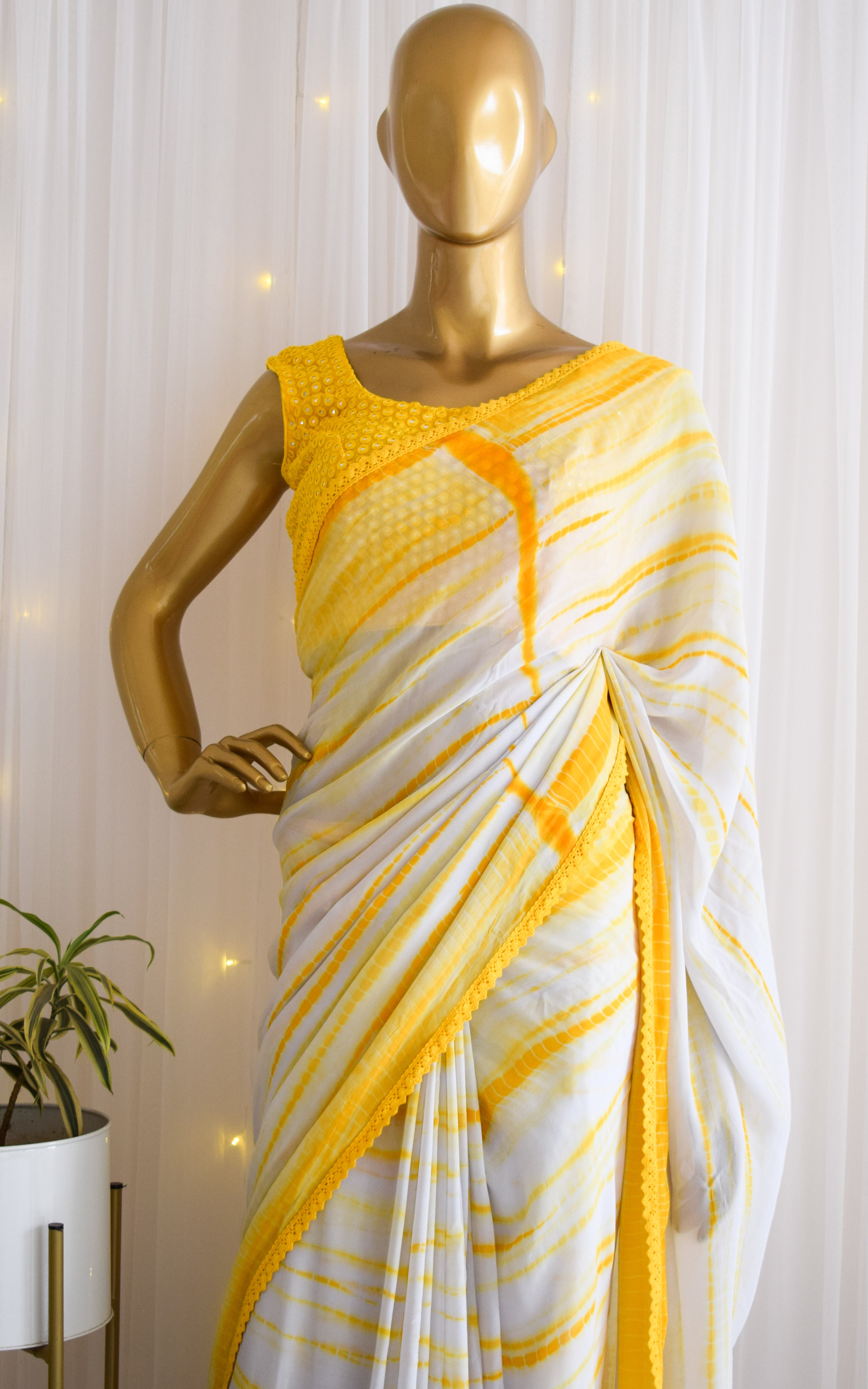 Palak Sindhwani Yellow Shibori Georgette Saree with Mirrorwork Blouse