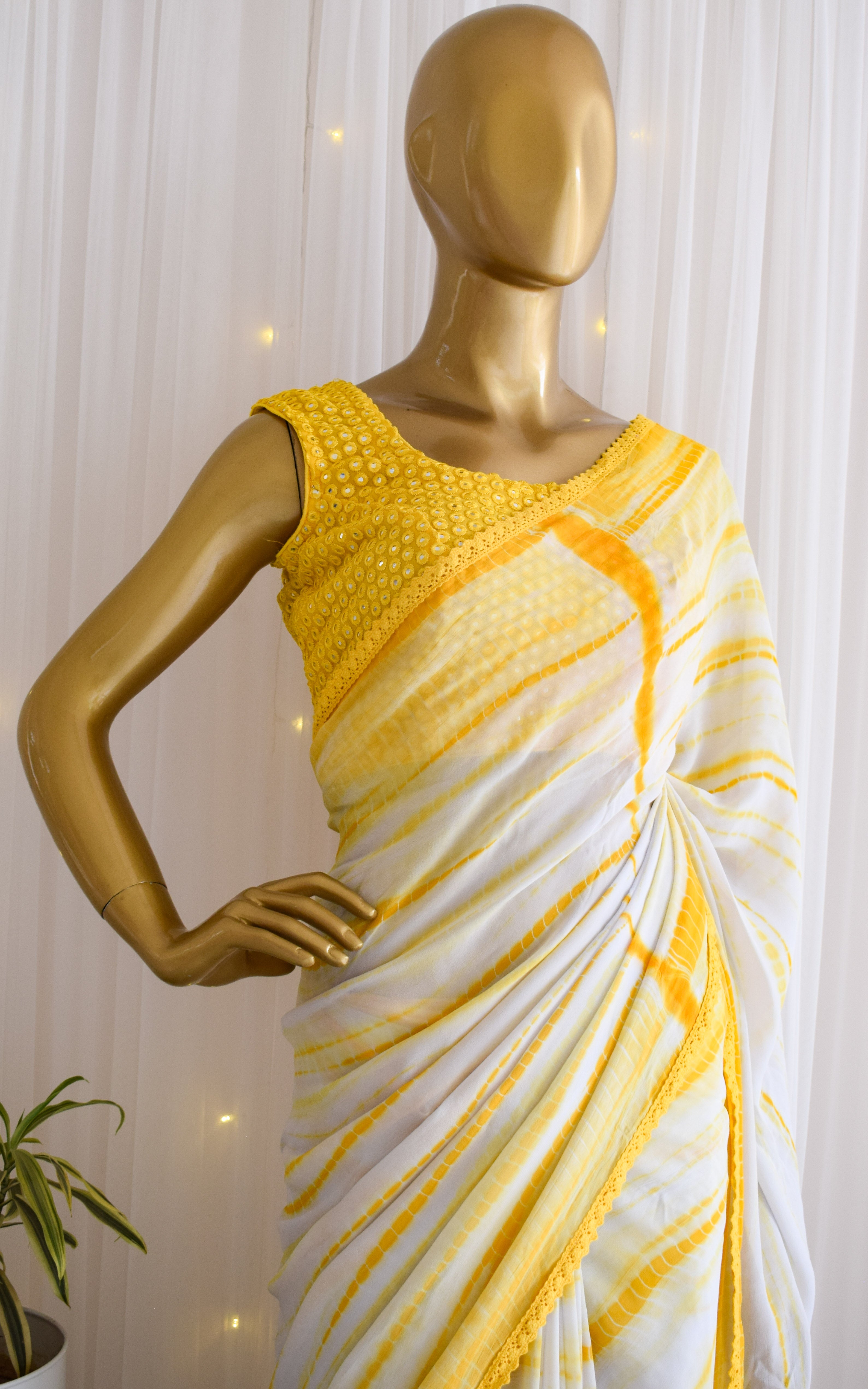 Palak Sindhwani Yellow Shibori Georgette Saree with Mirrorwork Blouse