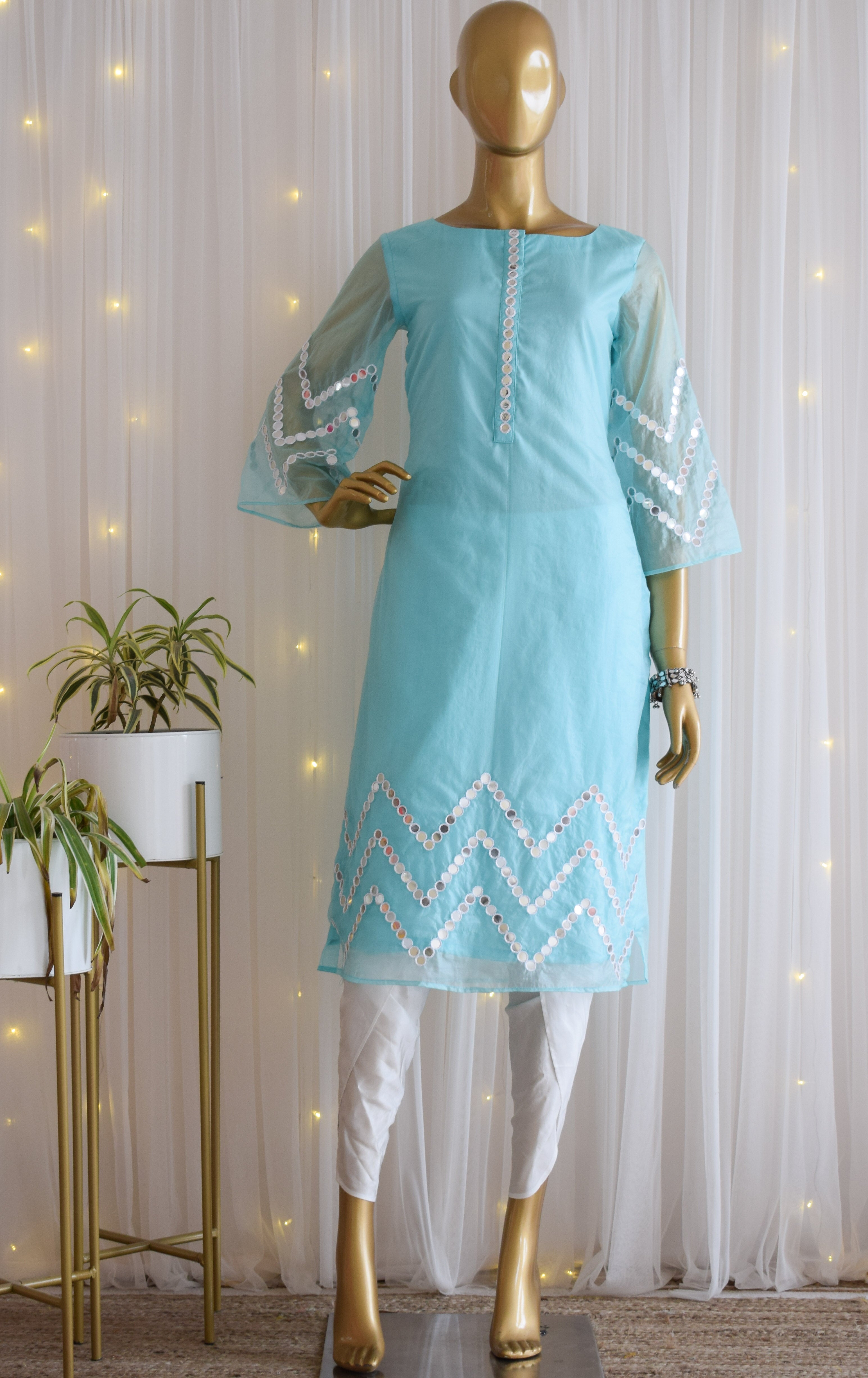 Sky Blue Mirrorwork Organza Kurta Set